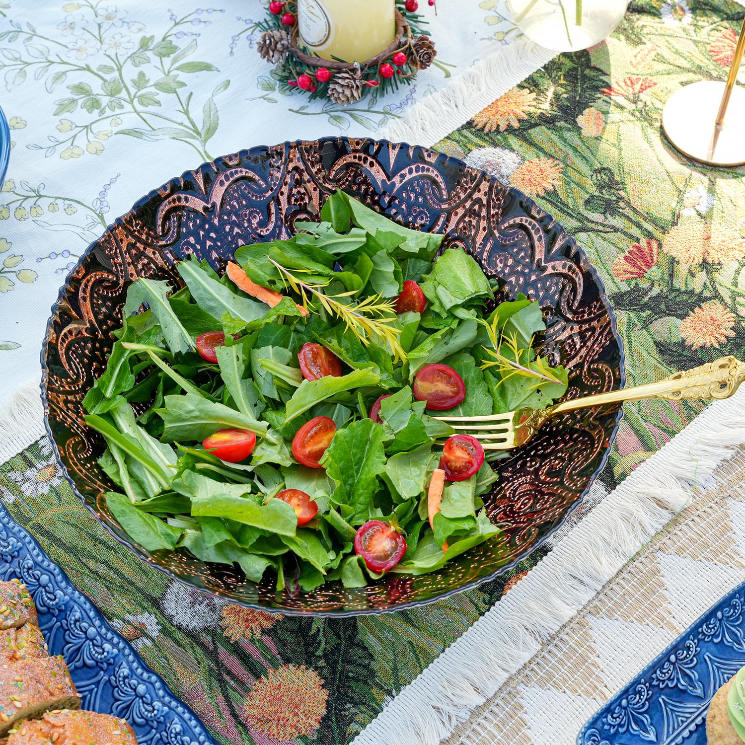 Sungmor 2 cuencos de vidrio de 125 onzas para mezclar ensaladas de 12.5 pulgadas de diámetro. Cuenco grande para frutas, bonito cuenco de vidrio chapado en oro negro y dorado, cuencos de