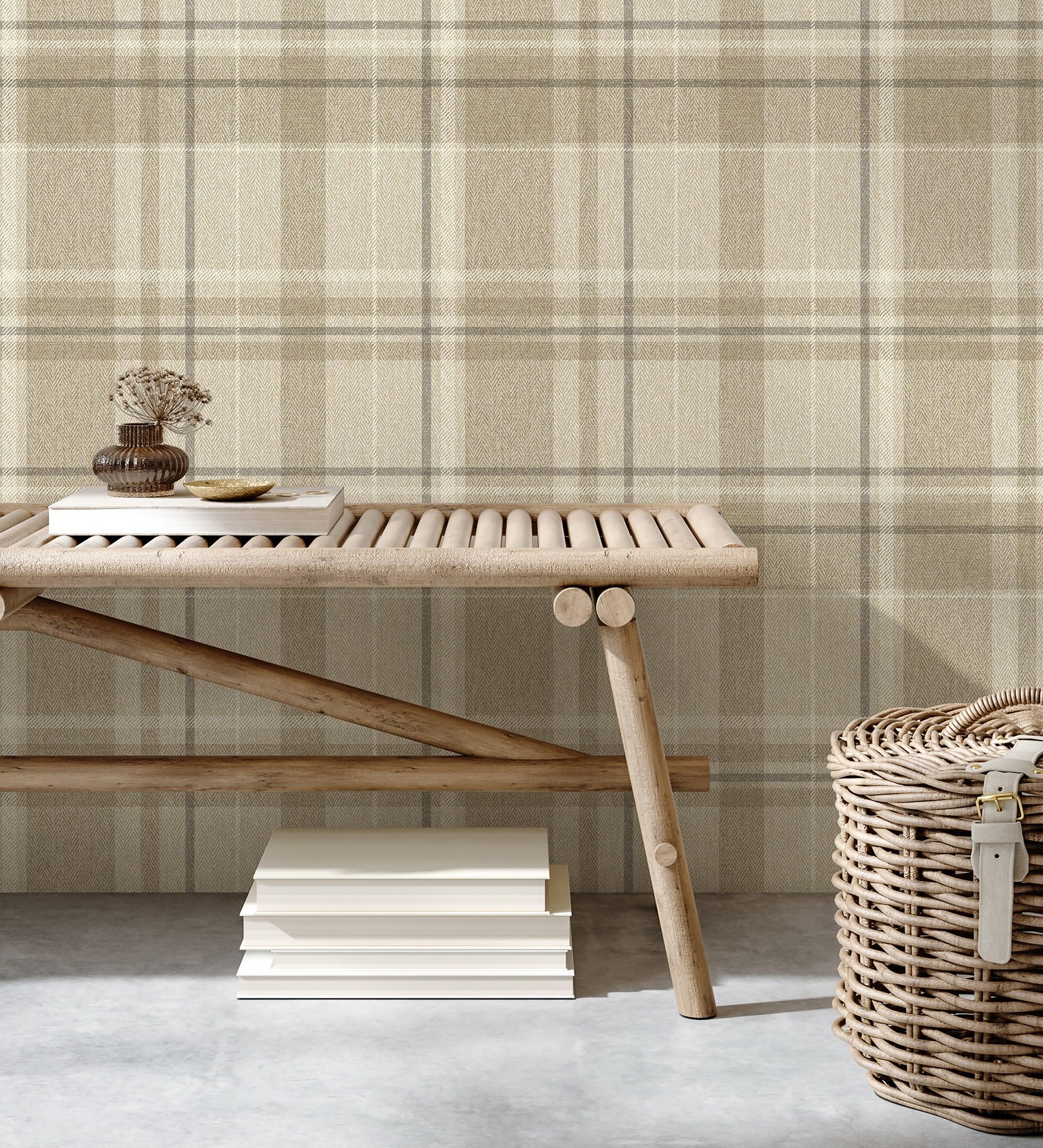 GAULAN 683559 - Papel pintado de cuadros escoceses fondo efecto textil de espiga en tonos beige para pared salón dormitorio pasillo comedor - Rollo de 10 m x 0,53 m
