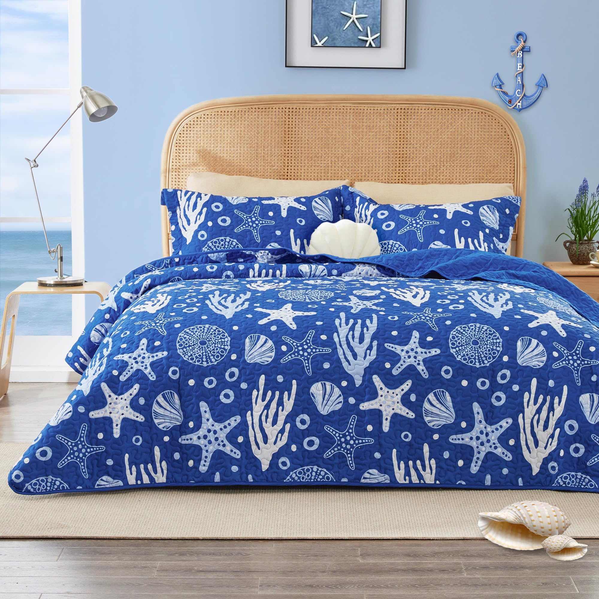 Love's cabin Twin Quilt Bedding Set Coastal Blue Bedspreads - Soft Bed Summer Beach Nautical Quilt Lightweight Bedspread- Reversible Bedding Coverlet for All Season - 2 Piece (1 Quilt, 1 Pillow Sham)