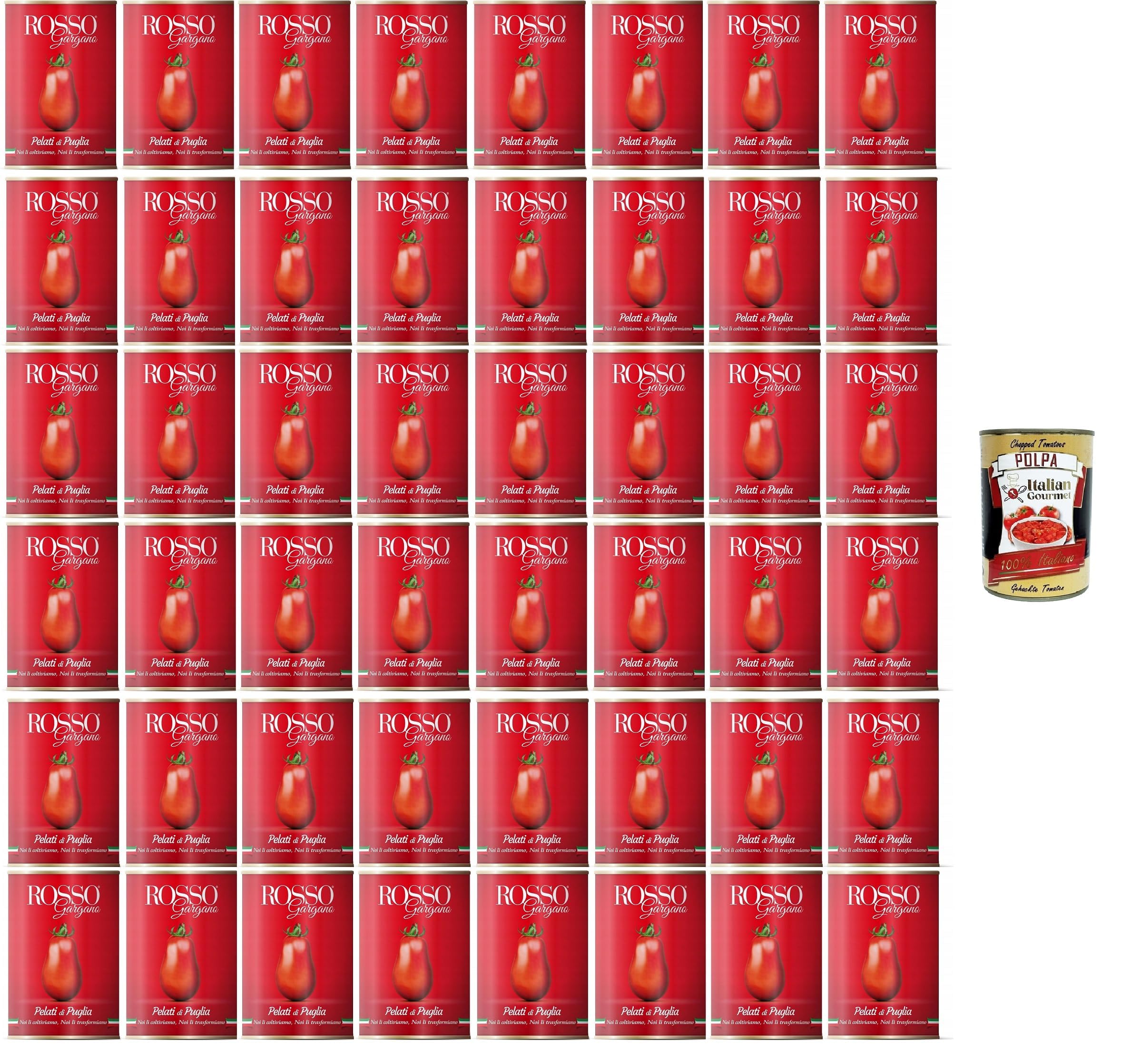 Italian Gourmet Bundle Ganze geschälte Tomaten Pelati di Puglia 48x 400g + Italian Gourmet Polpa Gratis – Italienische Dosentomaten für Pasta, Pizza & Tomatensauce, Vorrat 19,2kg