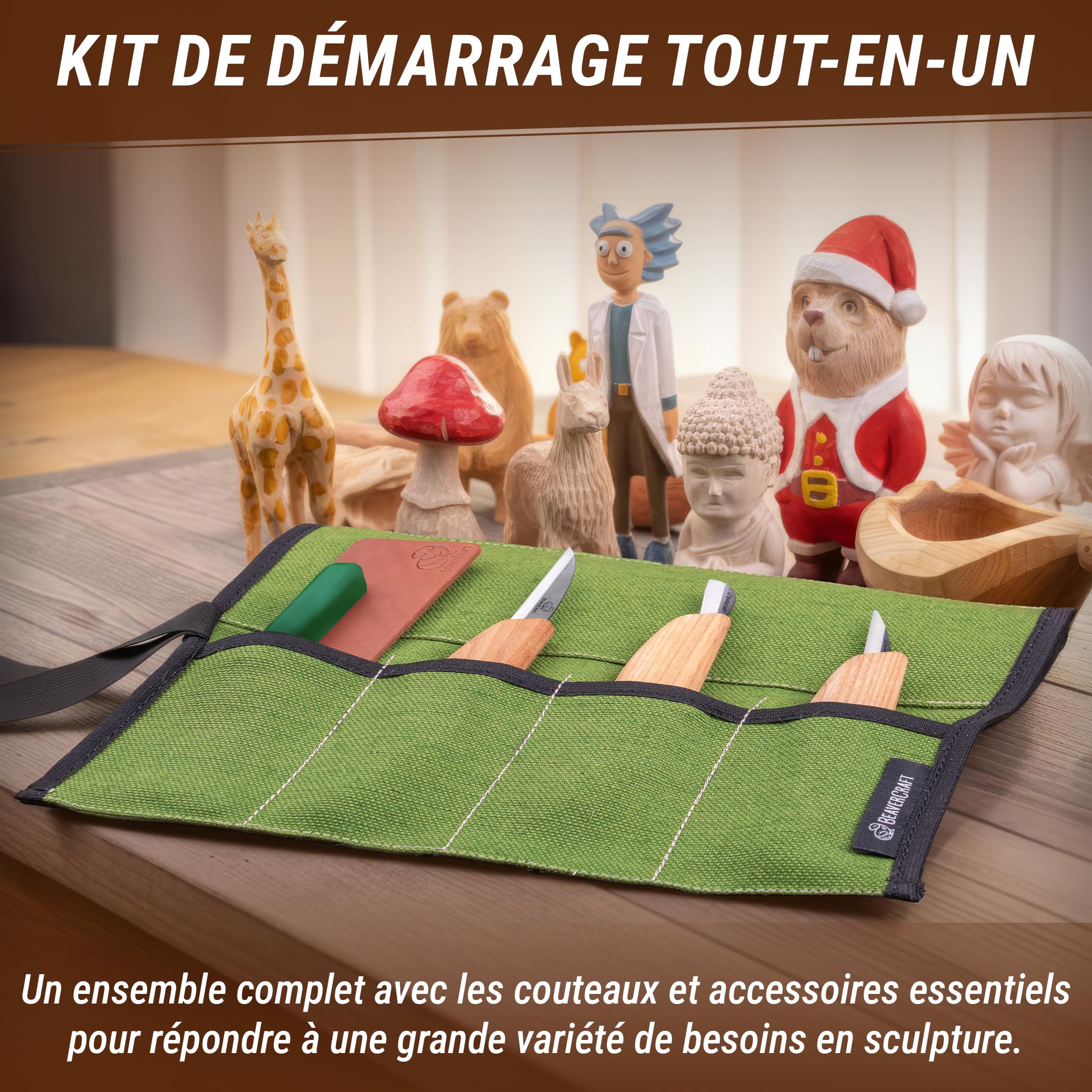 BeaverCraft Kit de Couteaux pour Travail du Bois S15 – Kit de Taillage pour Débutants et Enfants, Outils avec Couteaux Sloyd et de Détail, Strop en Cuir, Pâte à Polir et Tutoriels