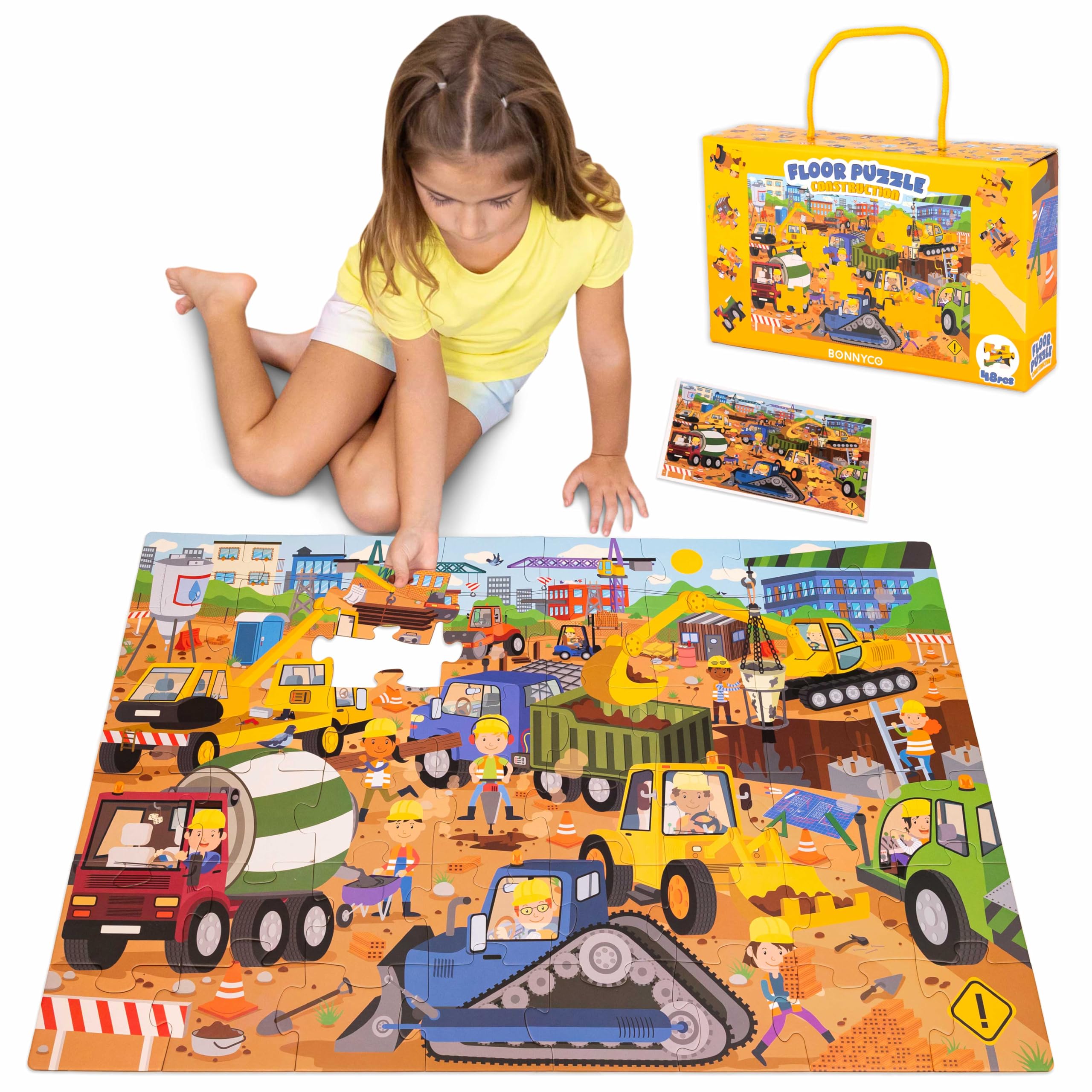 BONNYCO Giant Floor Puzzle Construction Site with 48 Large Pieces. Jigsaw Puzzles for Kids 36.2 x 24.4 in