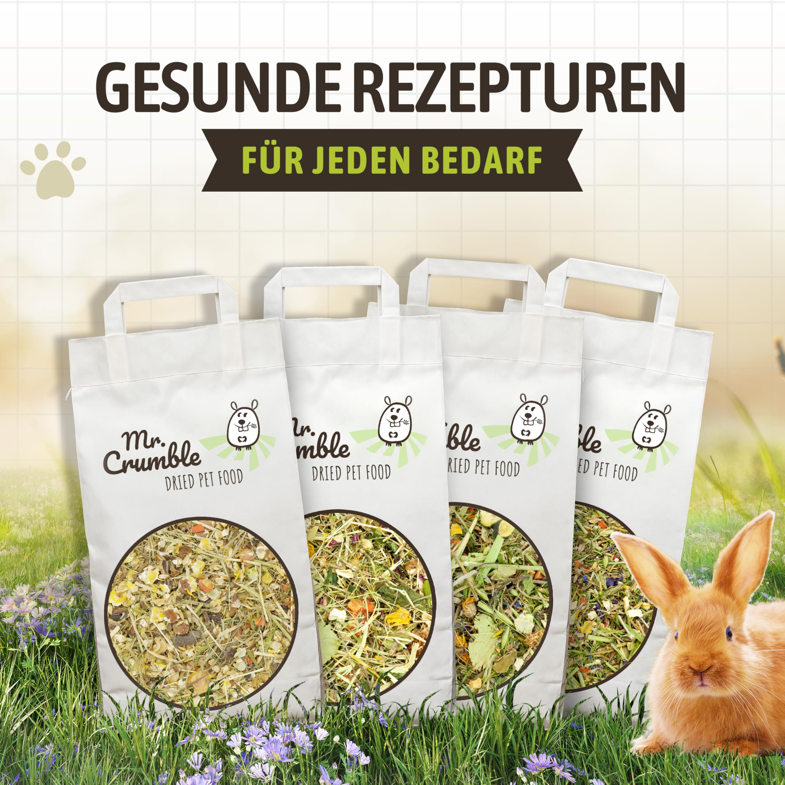 Mr. Crumble Kaninchenfutter 20 kg – Weizenfrei, ohne Pellets – Knuspermüsli mit Kräutern & Gemüse – hoher Rohfaseranteil
