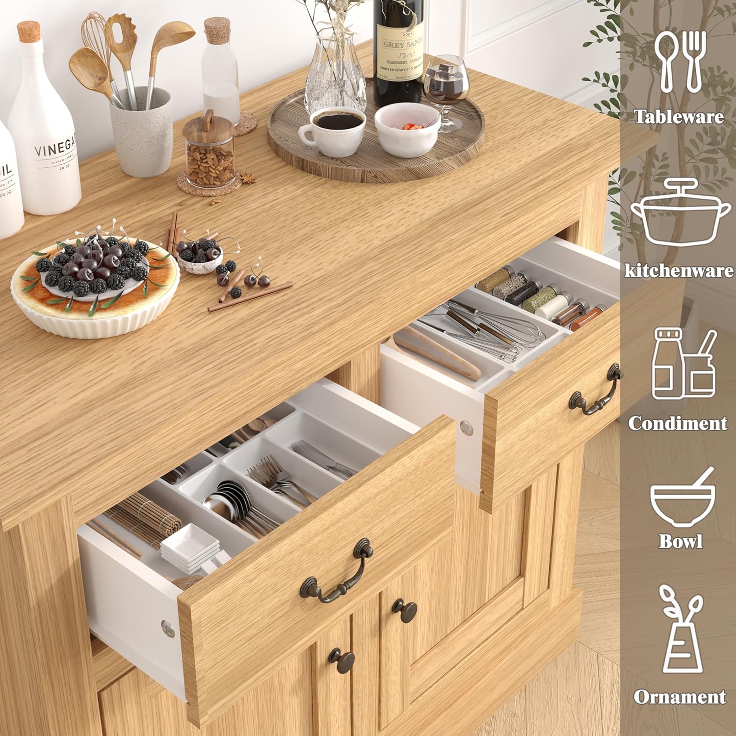 Farmhouse Sideboard Cabinet Oak,Modern Freestanding Storage Buffet with 2 Drawers,Metal Handles and Adjustable Shelf,Buffet Cabinet for Kitchen