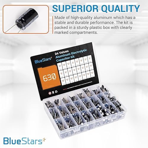 Miniatura 4 de BlueStars Condensador electrolítico de aluminio de 24 valores, 630 piezas, gama de kit de caja surtida 0.1uF-1000uF, 24 valores con 630 piezas 10V