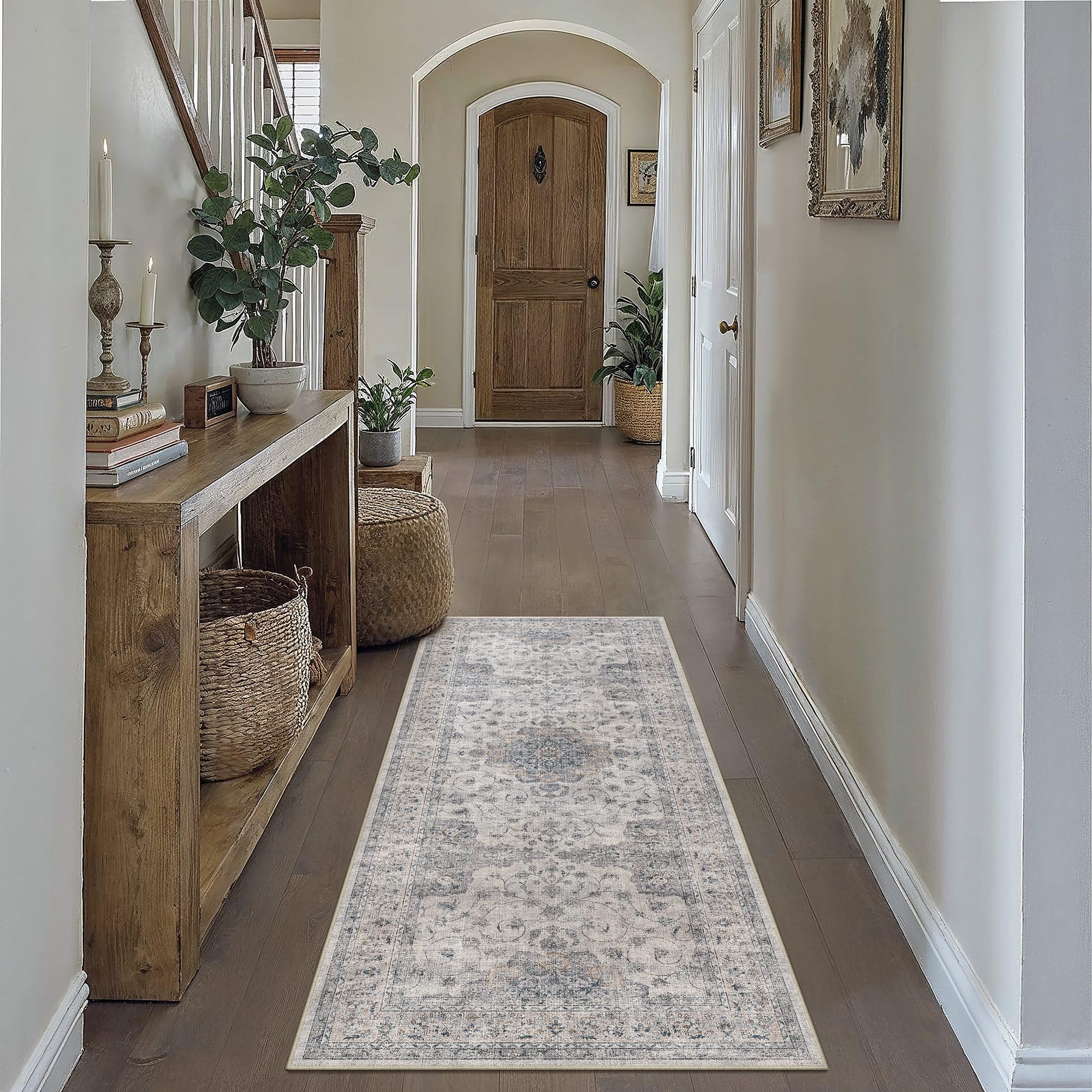 hugear machine washable area rugs 6x9 vintage blue living room bedroom rug neutral style non slip stain resistant low pile throw carpet for home retro aesthetic modern decor