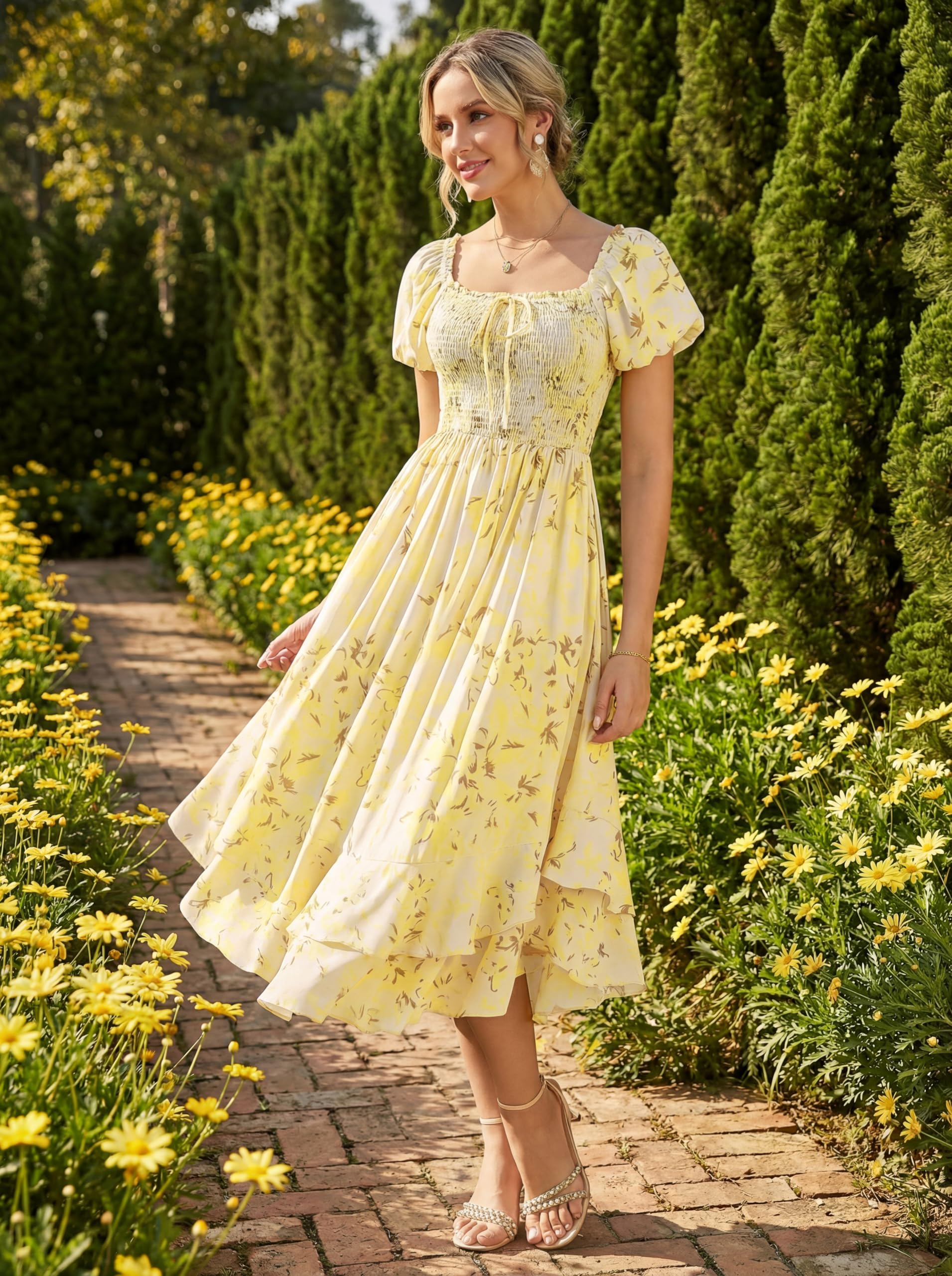 GRACE KARIN Damen Sommerkleid Puffärmel A-Linie Maxi Blumenkleid mit Taschen für Hochzeitsgäste Strand