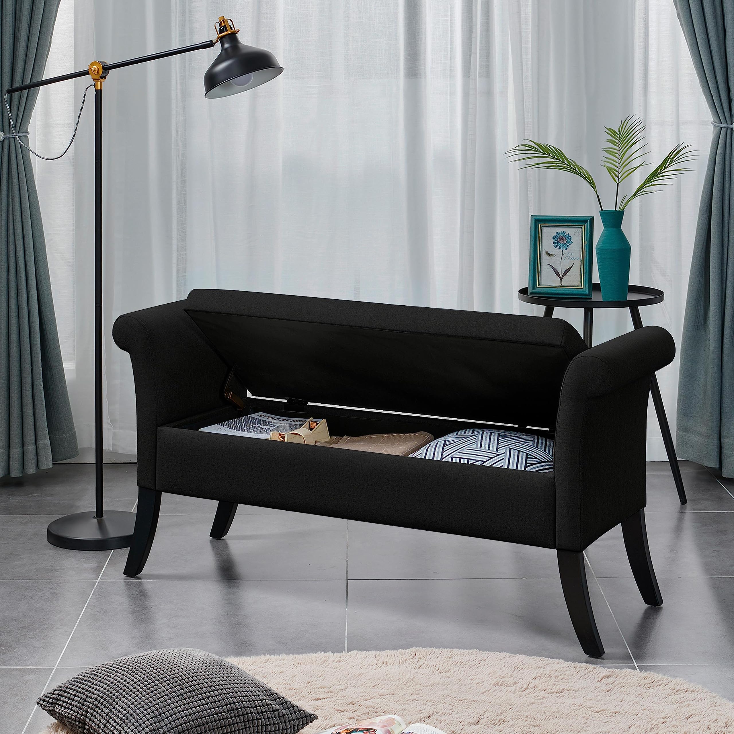Abician Banc de Rangement avec Accoudoirs et Compartiment Coffre de Rangement Tissu Repose-Pieds et Caisse et Entrée Noir