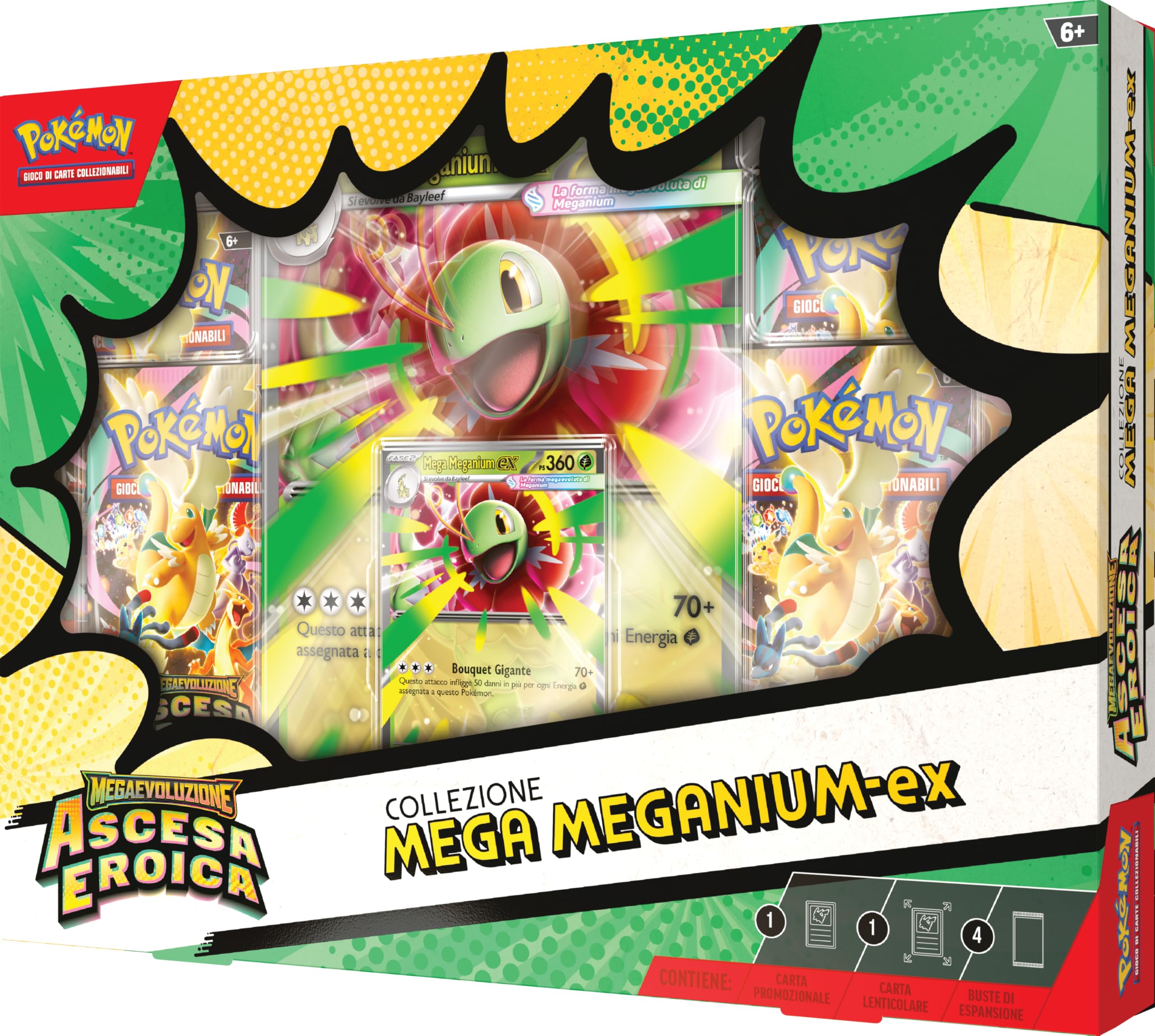 Pokémon: collezione Mega Meganium-ex dell’espansione Megaevoluzione - Ascesa Eroica del GCC Pokémon (una carta promozionale olografica, una carta lenticolare gigante e quattro buste di espansione) - 5