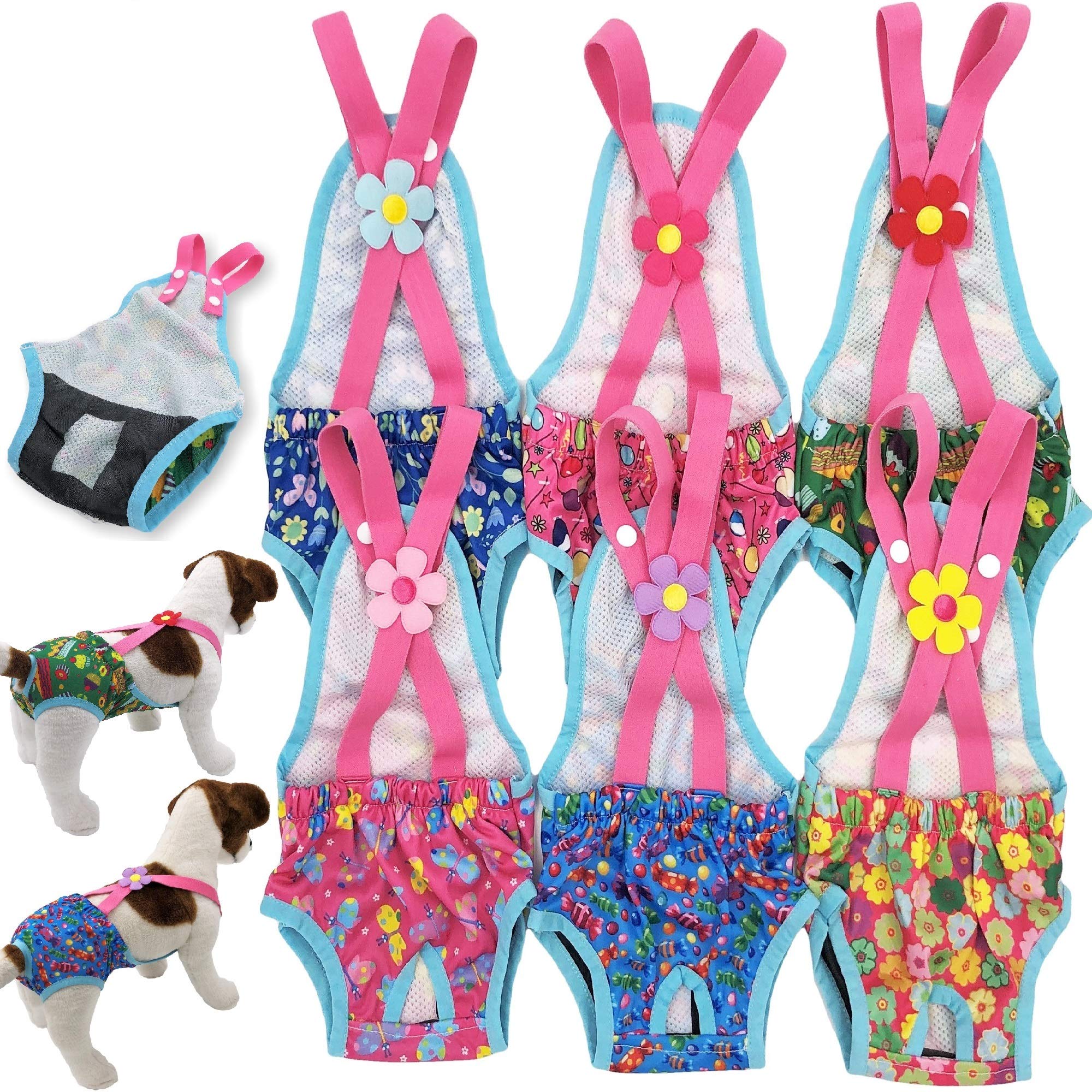 Pañales sanitarios para mujer y perro, lavables, reutilizables, con tirantes, para mascotas pequeñas, Paquete de 6 colores., S: Waist 14" - 16"
