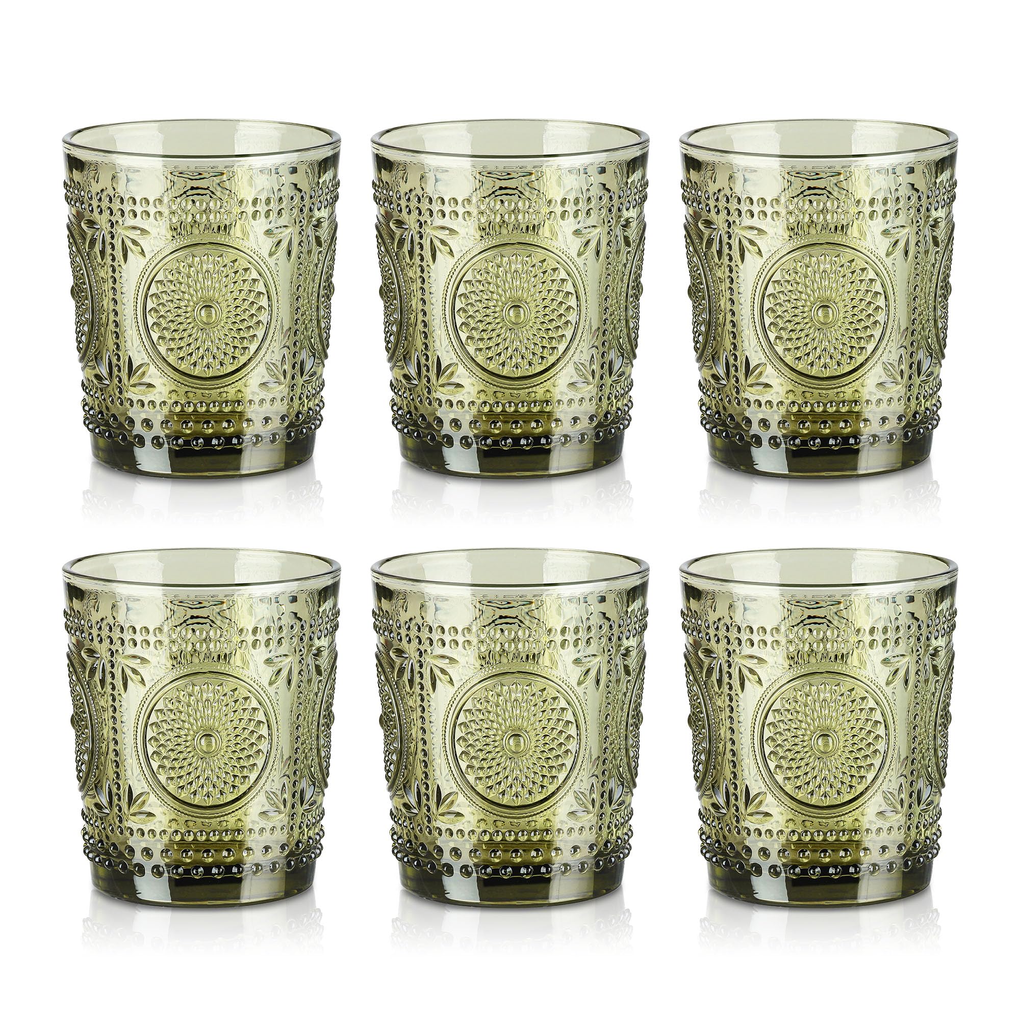 Joeyan Vintage Drinking Glasses, 320ml/11oz Embossed Water Glass Tumbler with Sunflower Pattern, Colored Heavy Duty Glassware Beverages Cup for Whisky, Cocktail, Beer, Juice, Tea, Set of 6, Green