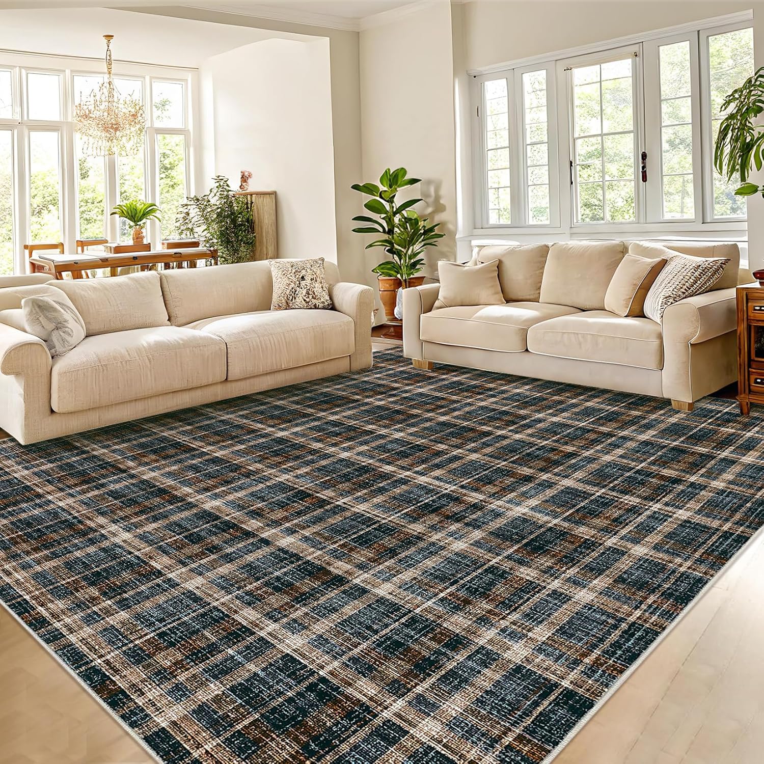 Large Rugs for Living Room 9x12 Washable Area Rug Modern Plaid Non Slip Rug Low Pile Non-Shedding Accent Carpet Indoor Soft Floor Cover for Bedroom Home Office Farmhouse Nursery Red Brown