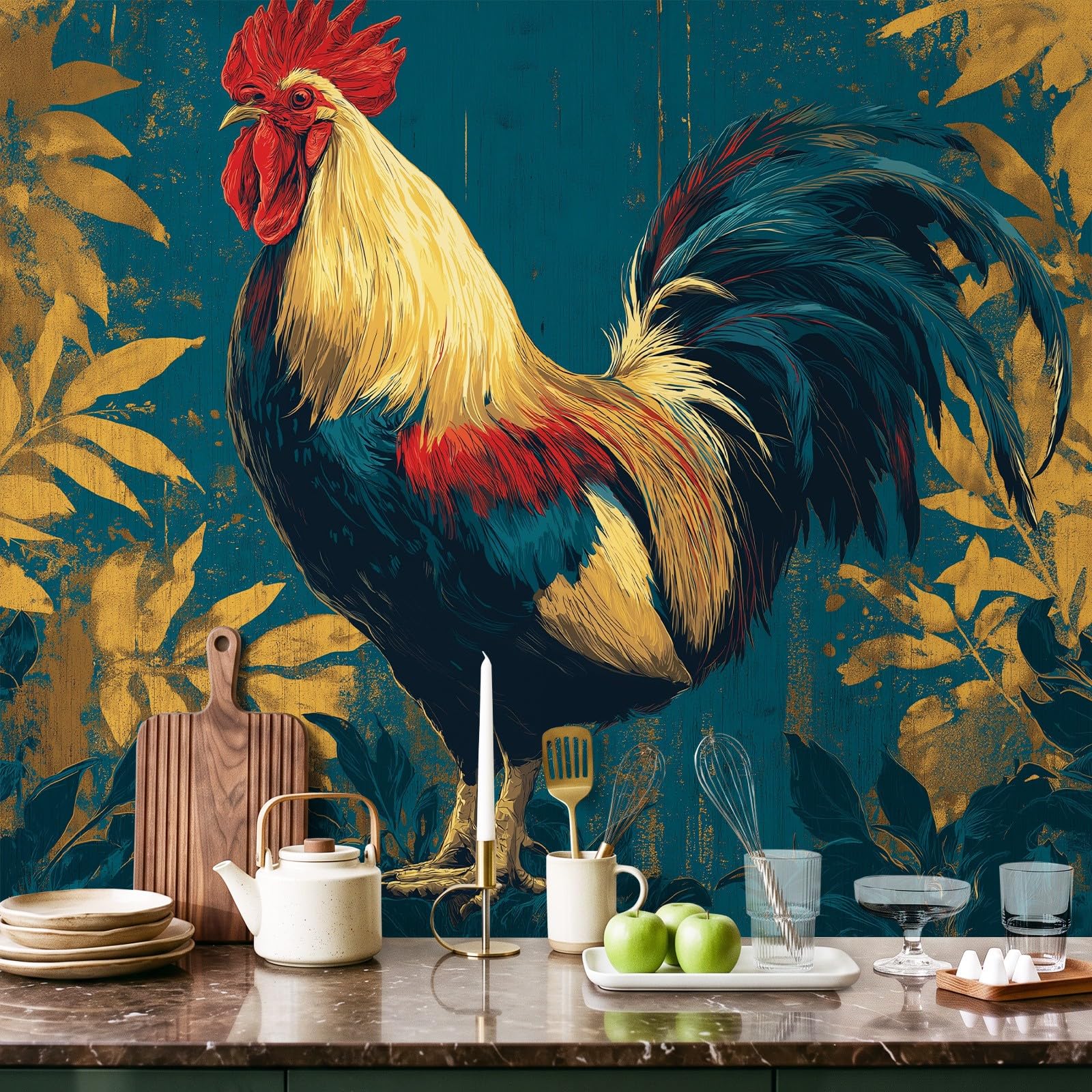 Generisch Tapeta Classic, Countryside, Pastoral - Rooster, wzór liści, tapeta na flizelinie, dekoracja ścienna, nowoczesna tapeta ścienna, dekoracja ścienna, tapeta z motywem - 350 x 256 cm