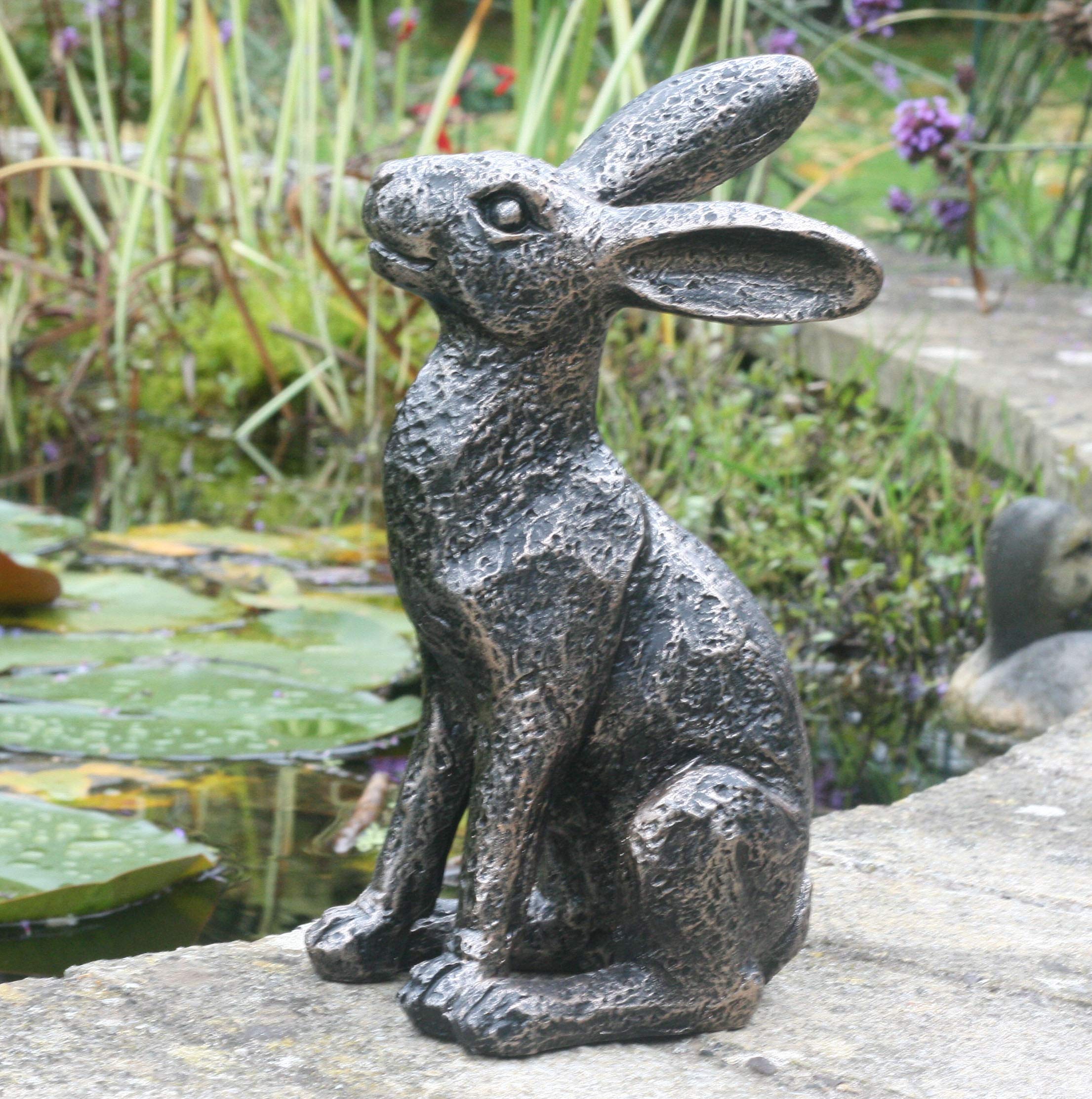 FHFY Garden Bronze Effect Resin Alert Hare Garen Ornament 23cm tall