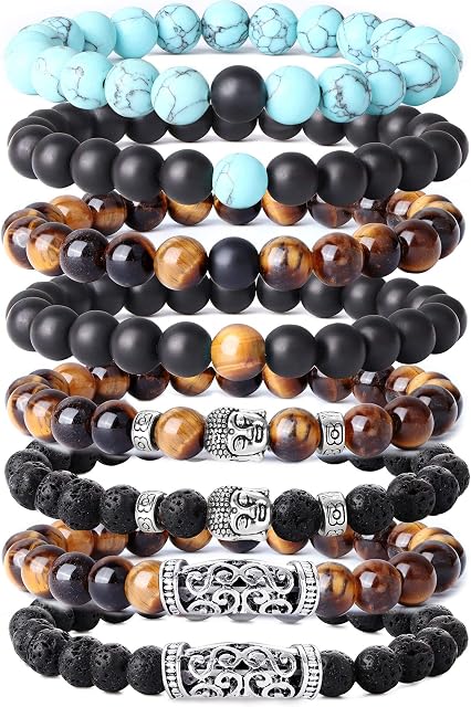 YADOCA 8 Pcs 8MM Beads Bracelet for Men Lava Tiger Eye Stone Buddha Bracelet Gothic Punk Stretch Bracelet Set