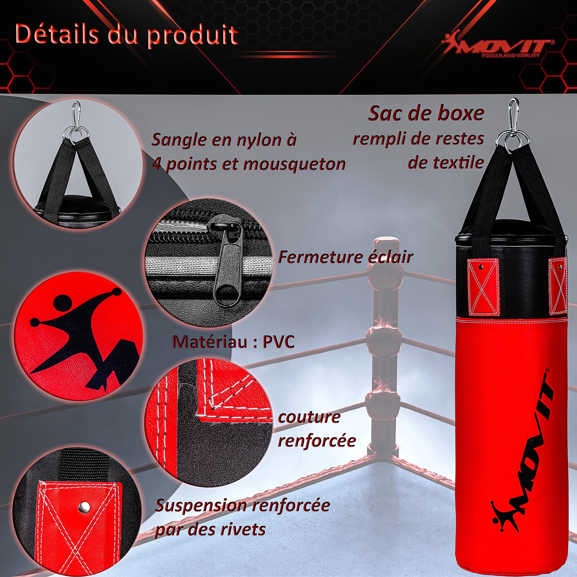 MOVIT Set de Sac de Boxe 5,5kg, rempli, y Compris Sac de Boxe, (Hauteur 60cm x diamètre 20cm), Gants de Boxe 8 oz, Bandages de Boxe et Sac, pour Enfants et Adolescents, Boxing Boxing, Rouge ou Bleu