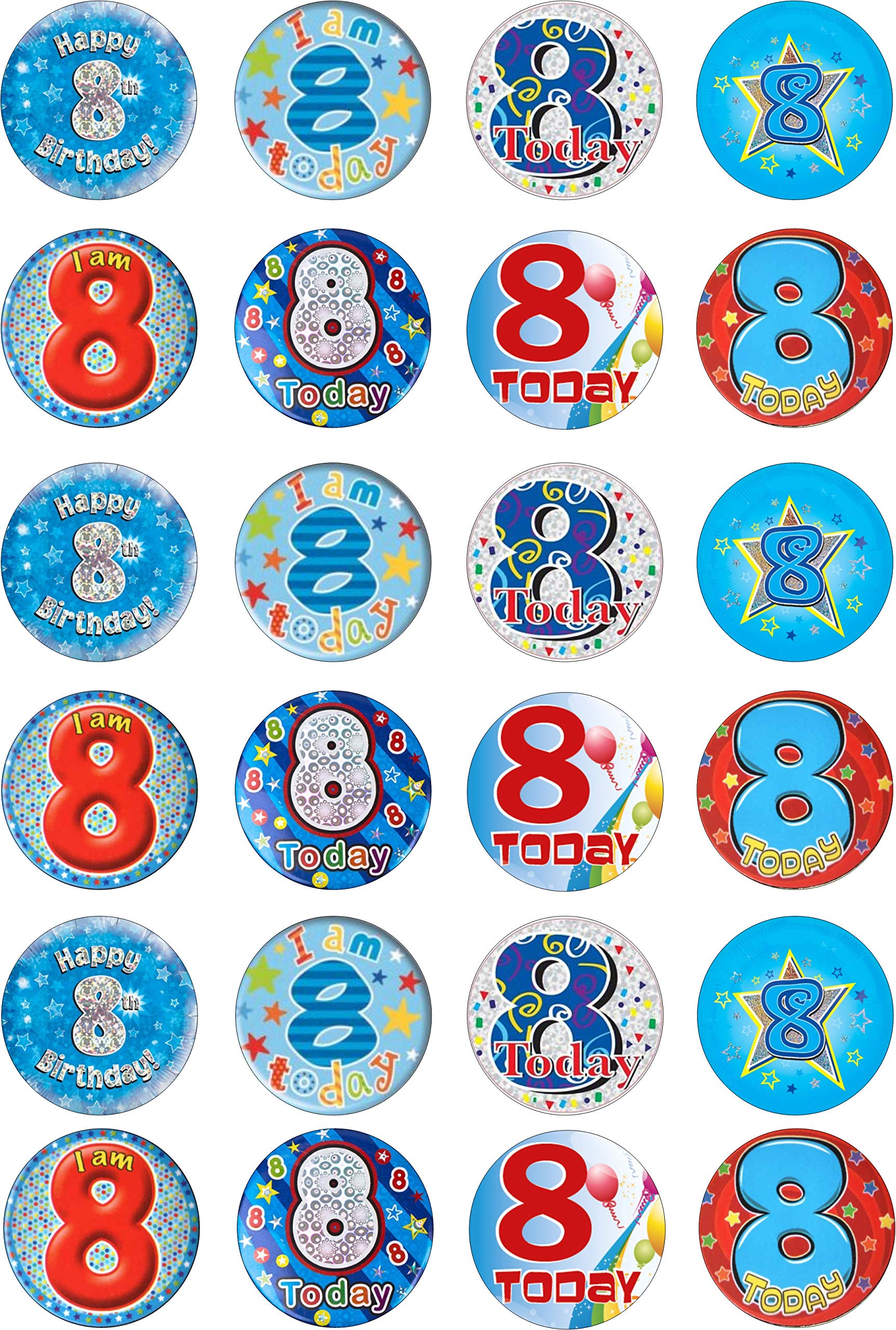 cdb 24 8th Birthday Boy Iced / Icing Cupcake Topper Edible Fairy Cake Bun Toppers Round