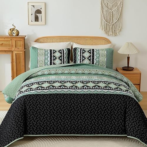 Miniatura 10 de Juego de edredón bohemio de color naranja quemado, tamaño matrimonial, juego de edredón de verano de 3 piezas con estampado geométrico ligero con 2