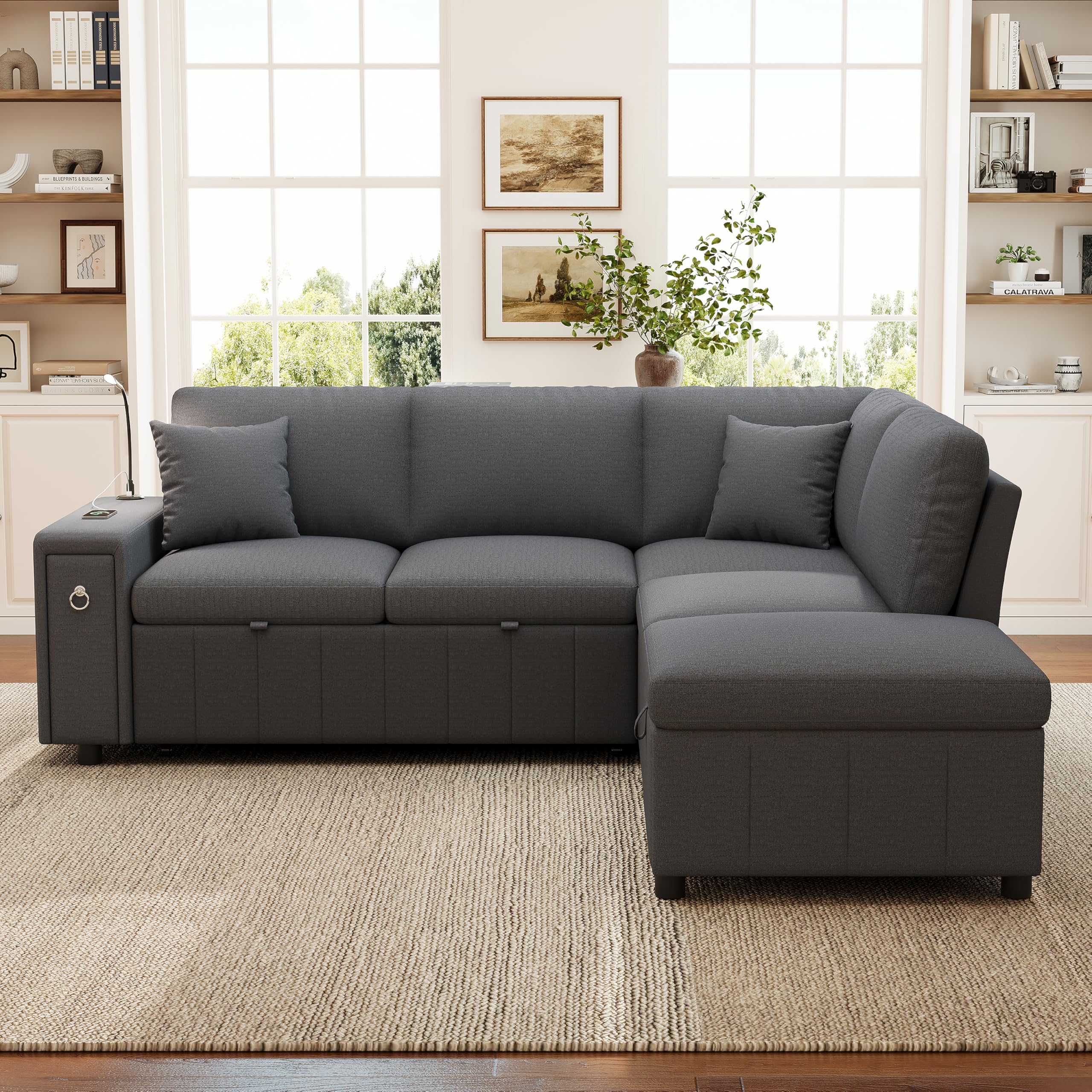Ecksofa mit Schlaffunktion & Ausziehbett – Modulare Couch für Wohnzimmer & Heimkino, mit USB/Type-C, Leselicht, klappbarem Tisch, Getränkehaltern, Stauraum-Hocker, Leinen, grau