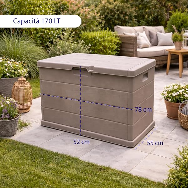 MA MAISON Baule Cassapanca Multiuso 170LT - Esterno, Interno, Apertura Superiore, Effetto Legno, Resina Taupe, Contenitore, Organizzatore, Stoccaggio - (Taupe 170lt) - 2
