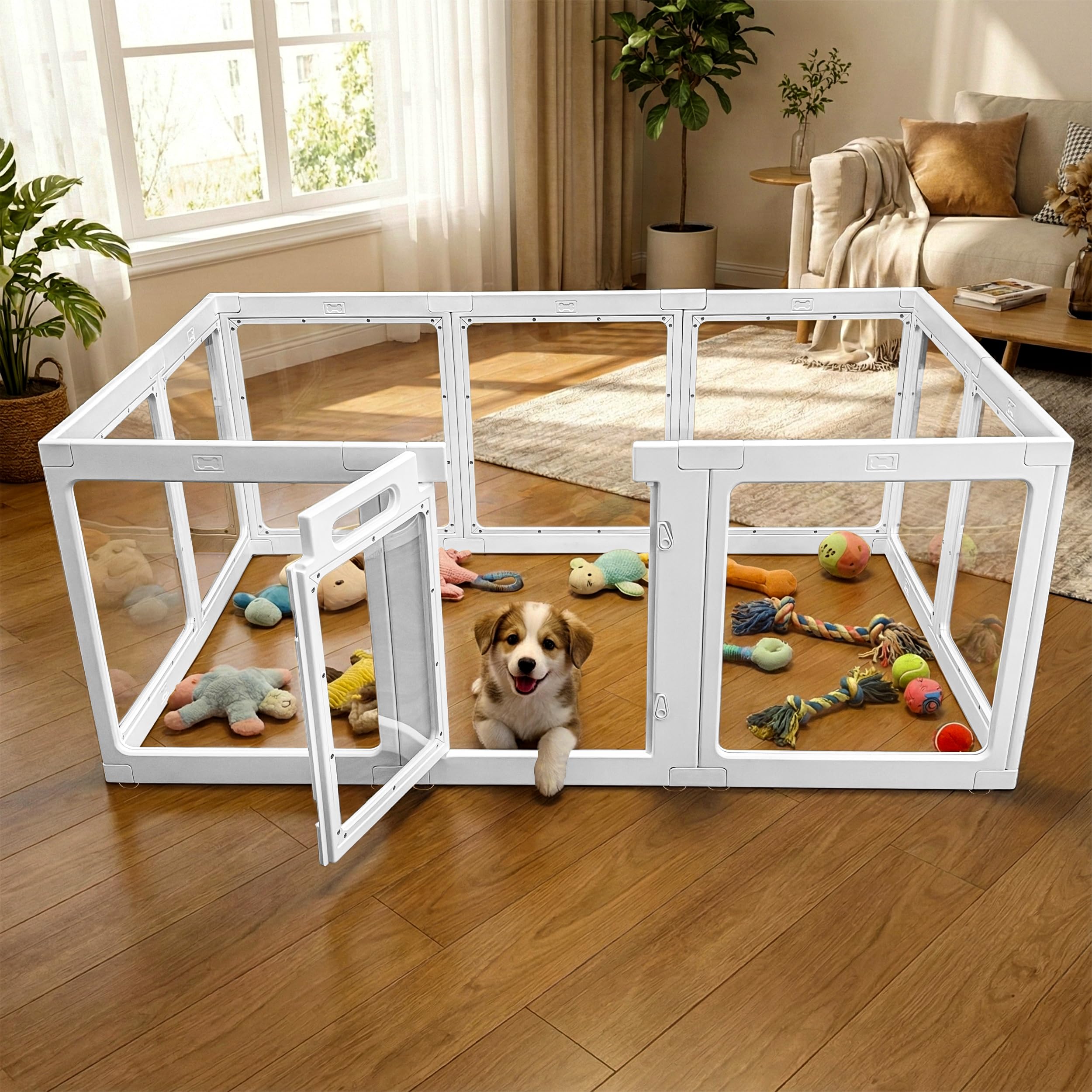 Transparent Indoor Dog Playpen with Safety Lock, Indoor Dog Fence for Small &amp; Medium Pets | Secure, Stylish, Easy Clean Play Pen for Dogs &amp; Pets with Scratch Resistant Panels (24''H,White, 10 Panel)
