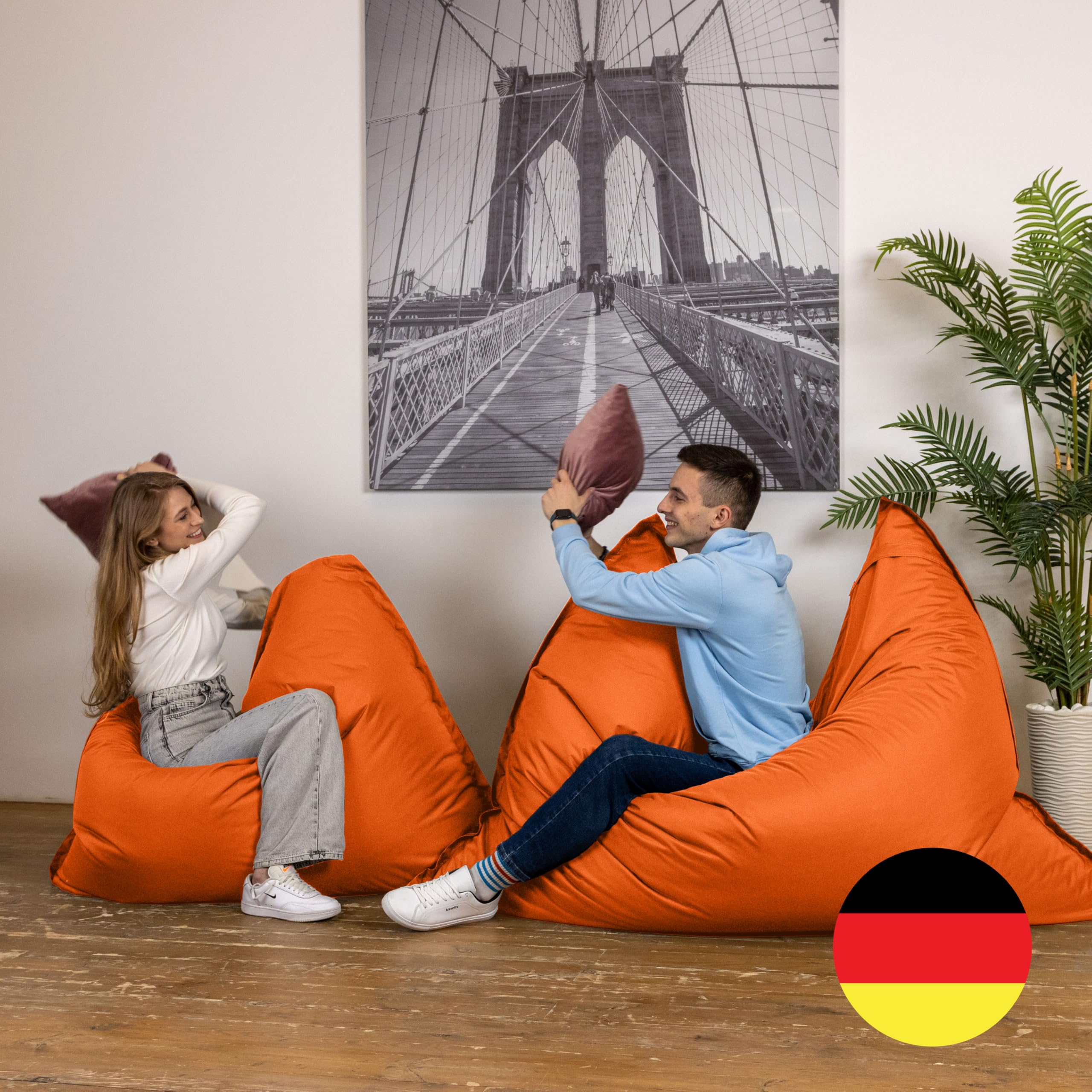 Bruni Pouf géant Caree orange – Pouf rectangulaire XXL, 140 x 180 cm et rembourrage de 400 l, avec housse intérieure, sac de couchage amovible, pour l'intérieur et l'extérieur, fabriqué en Allemagne