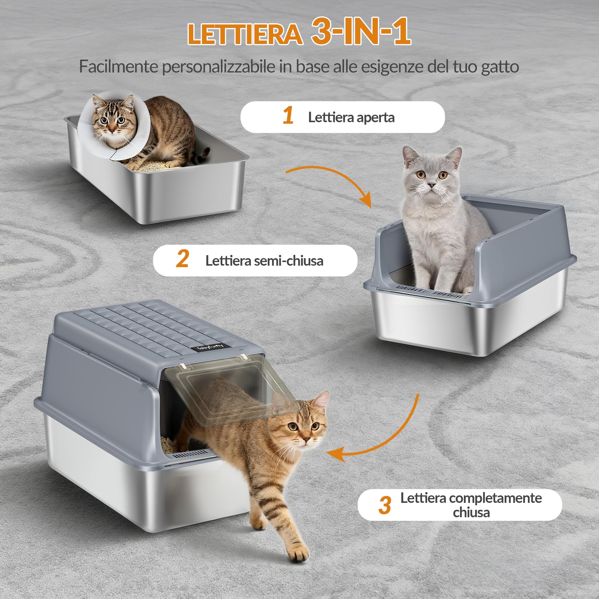 Lettiera Acciaio Inox Chiusa con Coperchio, Lettiera Gatto Acciaio Inox XXL, con Paletta e Pedana, Rimovibile, Coperchio Incernierato a 120°, Facile da Pulire, Grigio Scuro, FPLB001SG2