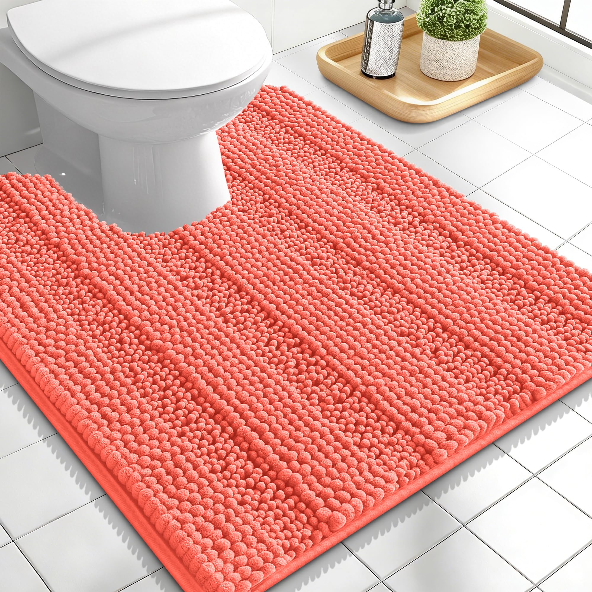 OLANLY Thick Toilet Rugs U-Shaped 24x20, Soft Chenille Bath Mat, Coral