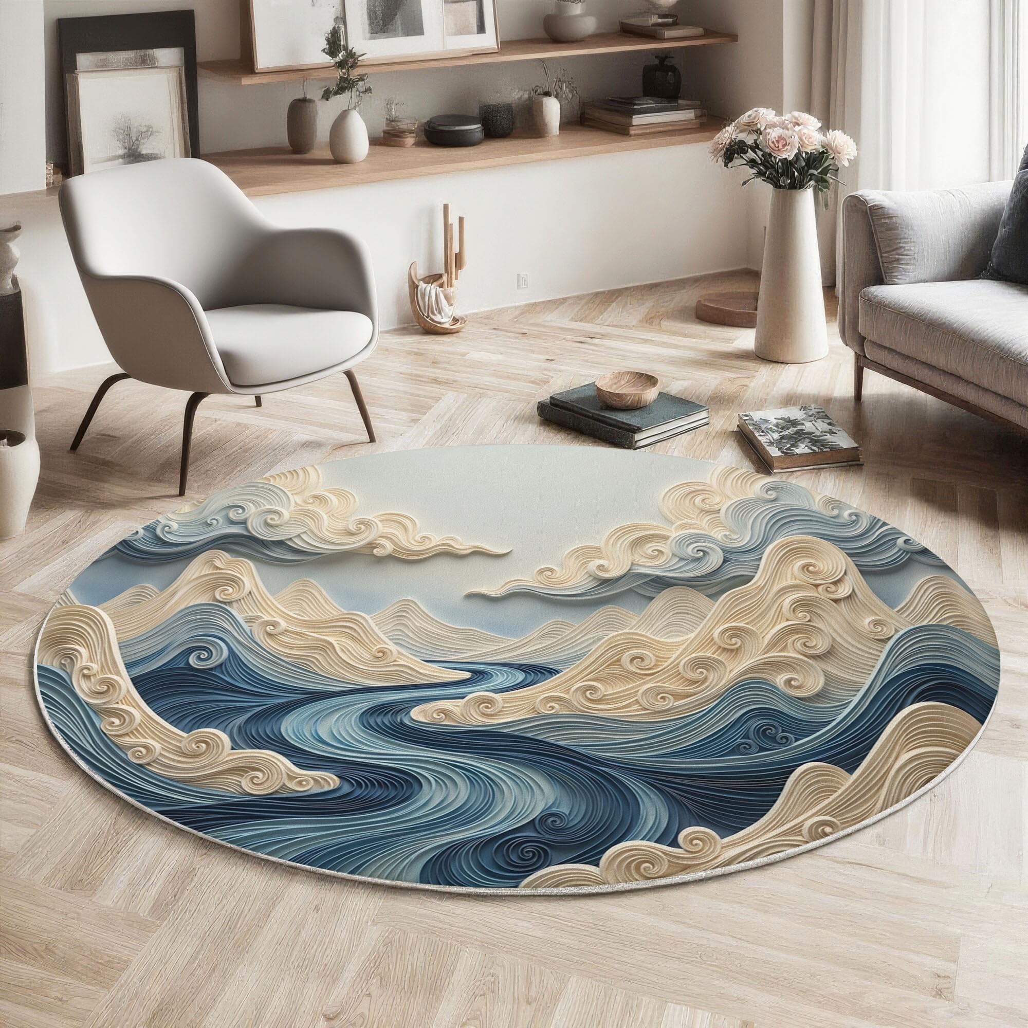 Tapis Rond Lavable Antidérapant Relief De Vagues Japonaises en 3D