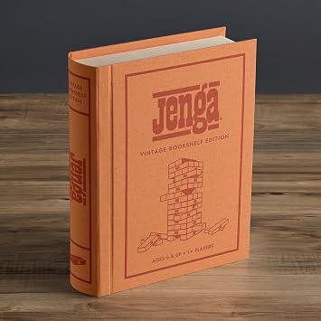 WS Game Company Jenga Vintage Bookshelf Edition, Linen Wrapped Book Box & Slipcase, 54 Hardwood Blocks & Stacking Sleeve, Classic Jenga Game for Adults & Kids, Ages 6+