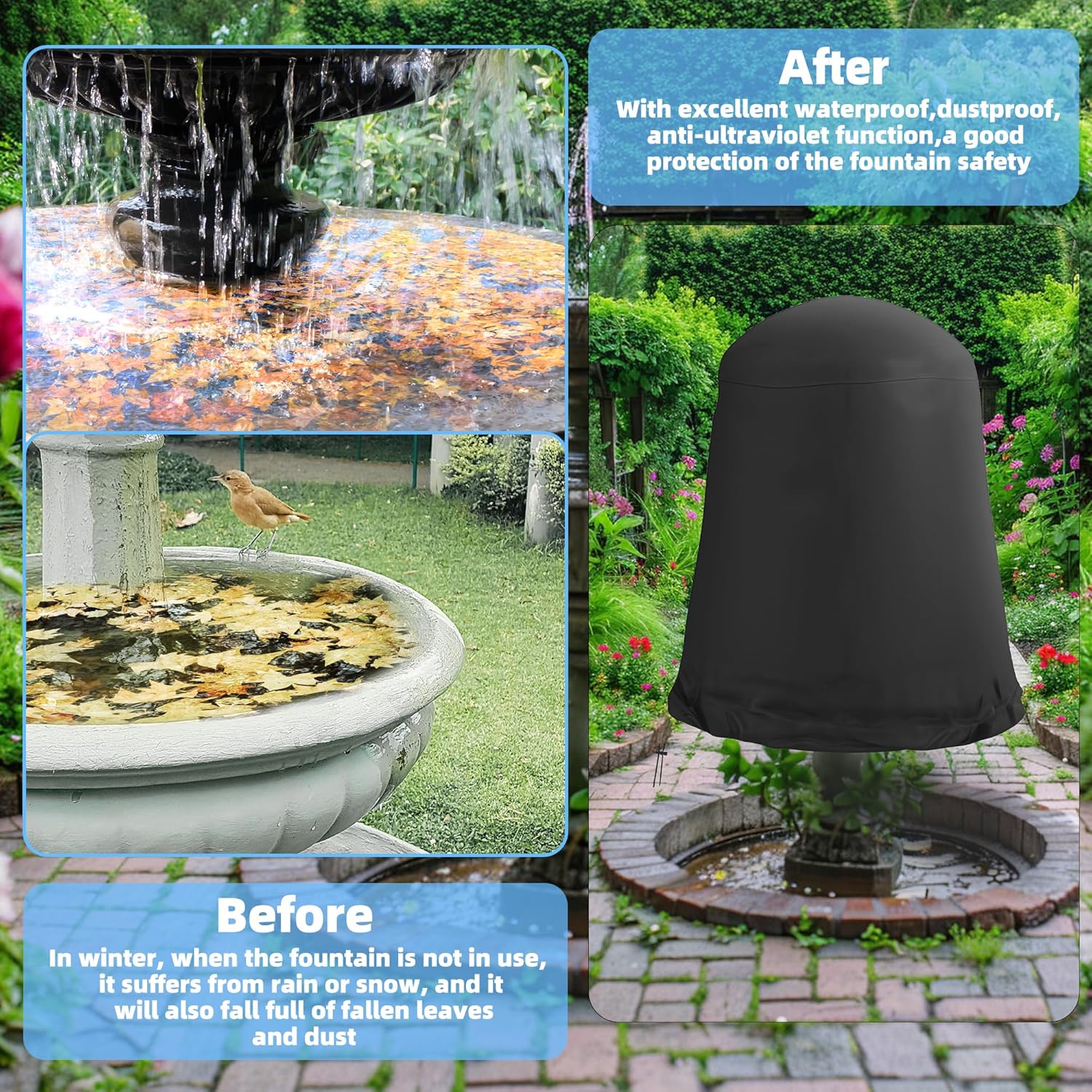 U0U Fountain Cover,48" D x 68" H Waterproof Heavy Duty Outdoor Fountain Covers,Garden Fountain Statue Protective Cover for Winter Outdoor Protection (Black)
