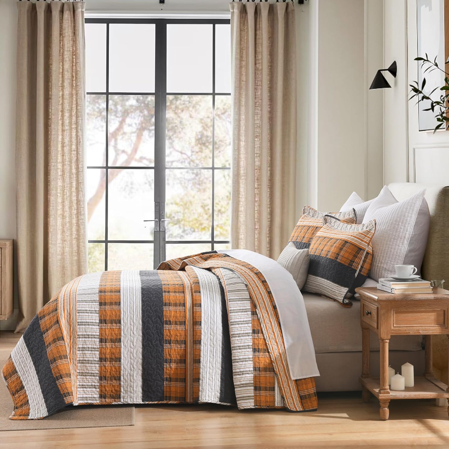 Homzard King Comforter Set,Cotton King Size Quilt,Caramel Orange Black King Bedding Set,Plaid Striped Bedspread Set,Lightweight Reversible Bed Set 3 Pieces - Image 3