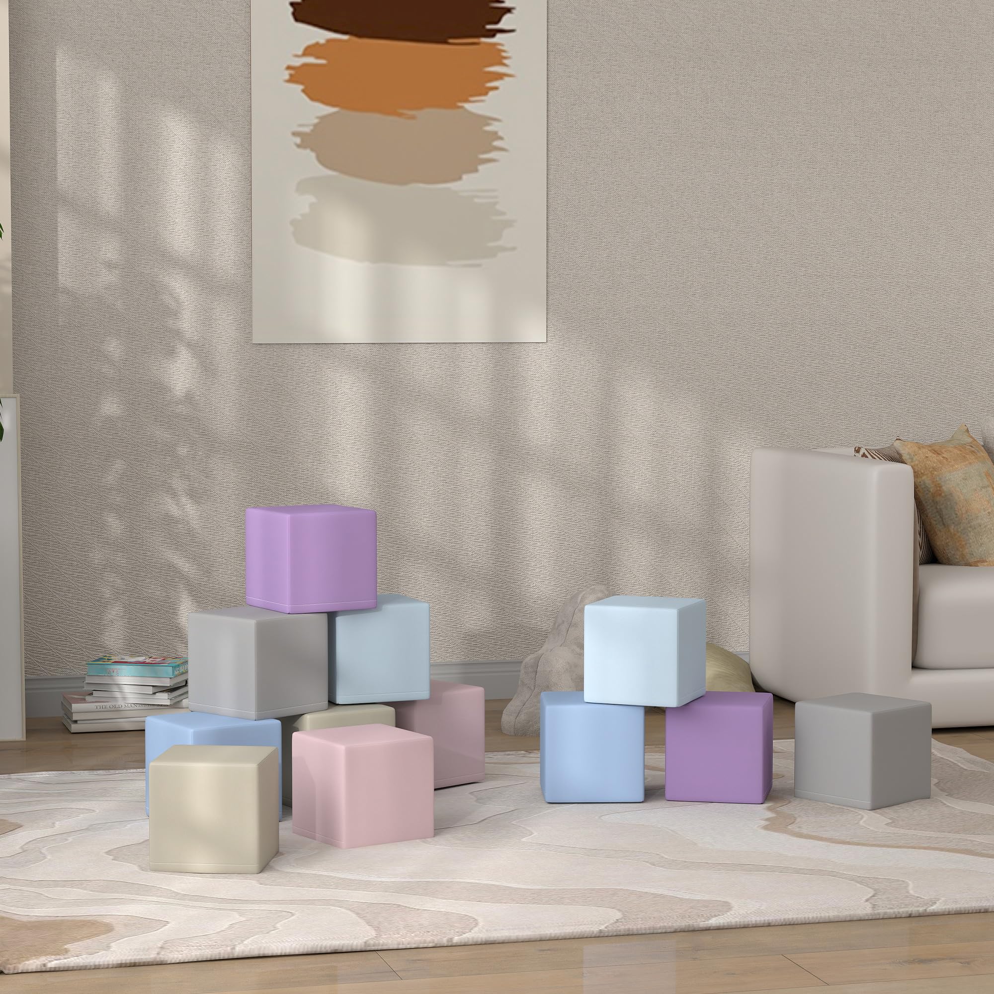 HOMCOM Set 12 Blocchi Schiuma per Bambini 12-36 Mesi, Costruzioni Morbide PU EPE 20x20x20 cm, Multicolore Chiaro