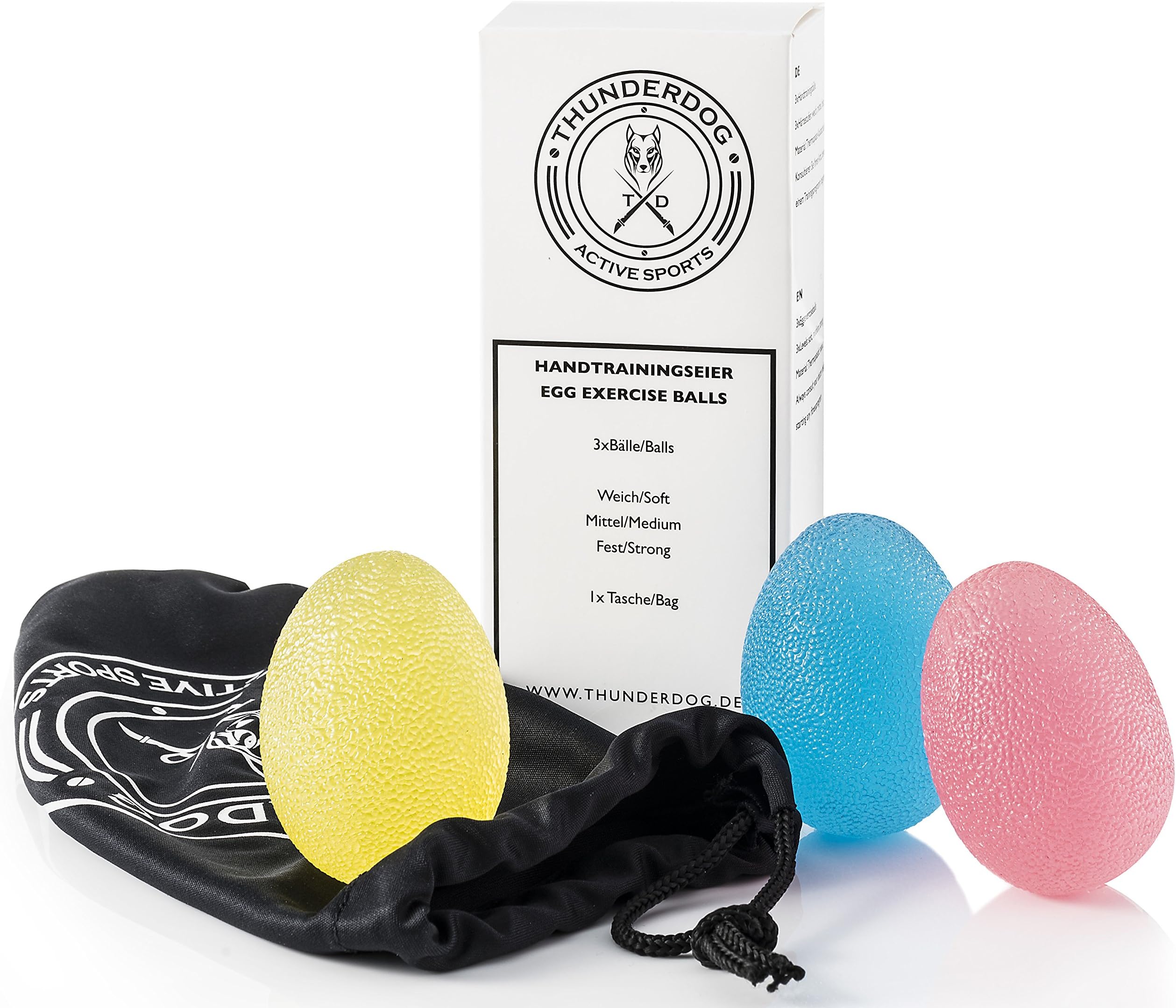 Thunderdog Diverse Hand training set, three egg-shaped hand exercise accessories to boost grip, forearm muscle tone, and exercise underarms. Premium quality, versatile exercise kit