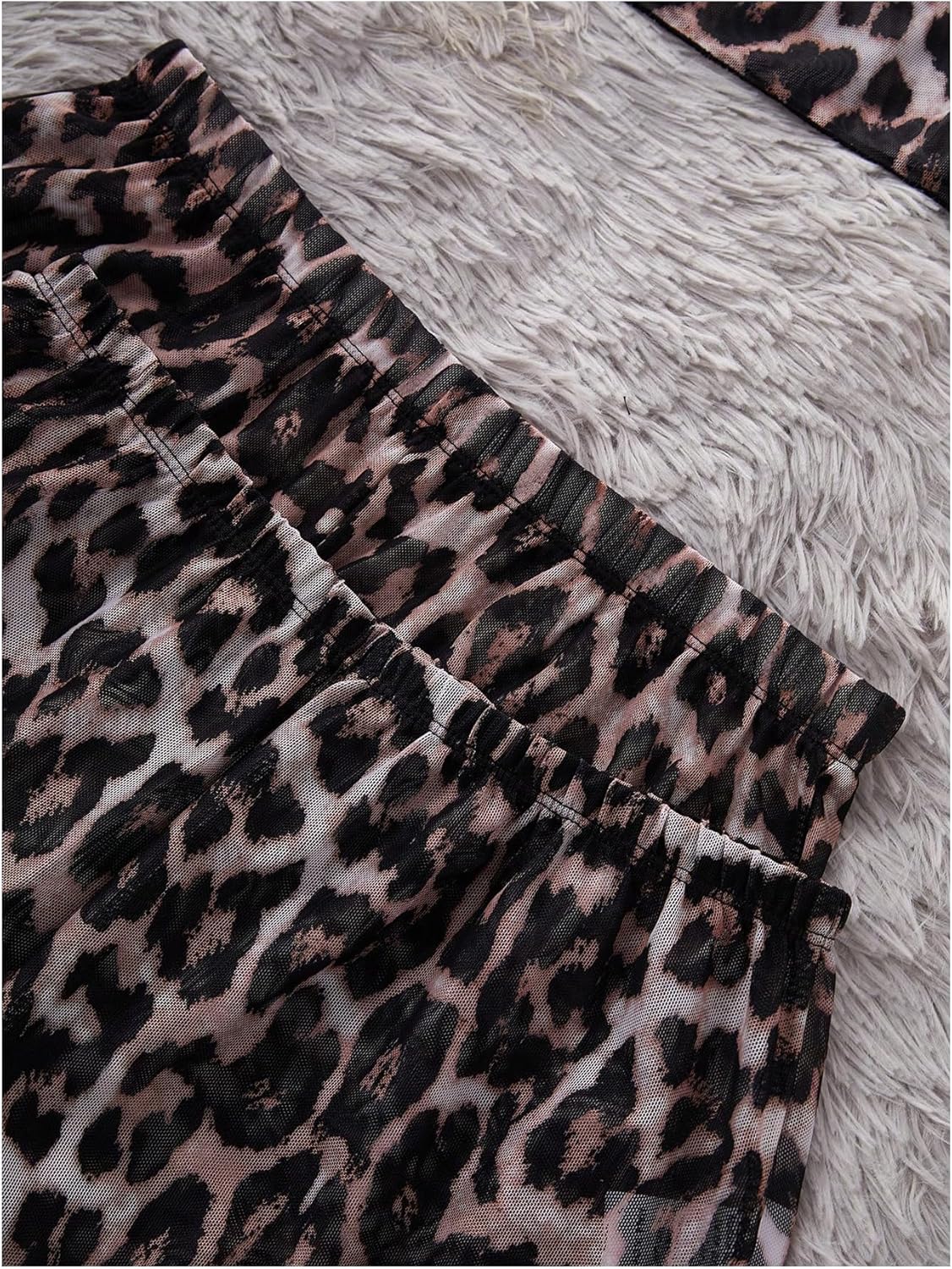 Women's 3 Piece Sexy Mesh Sheer Pajama Sets Leopard Print Lace Cami Top and Ruffle Hem Shorts Pants Set Cheetah Pjs - Image 2