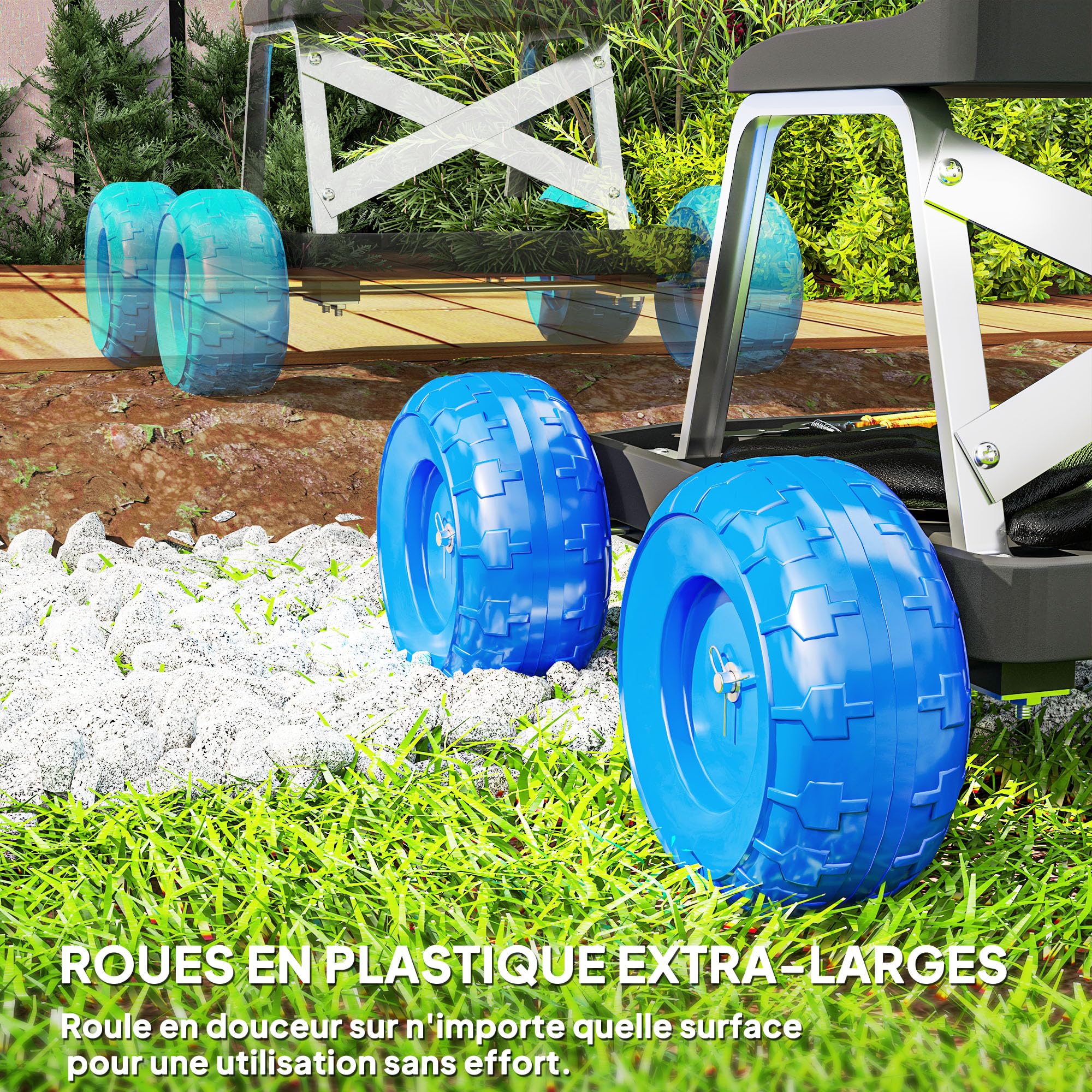 Outsunny Siège de Jardin sur Roues Tabouret de Jardinage Plateau à Outils Chariot Jardinage avec siège pour désherber, Planter, 50 x 49 x 32 cm Bleu