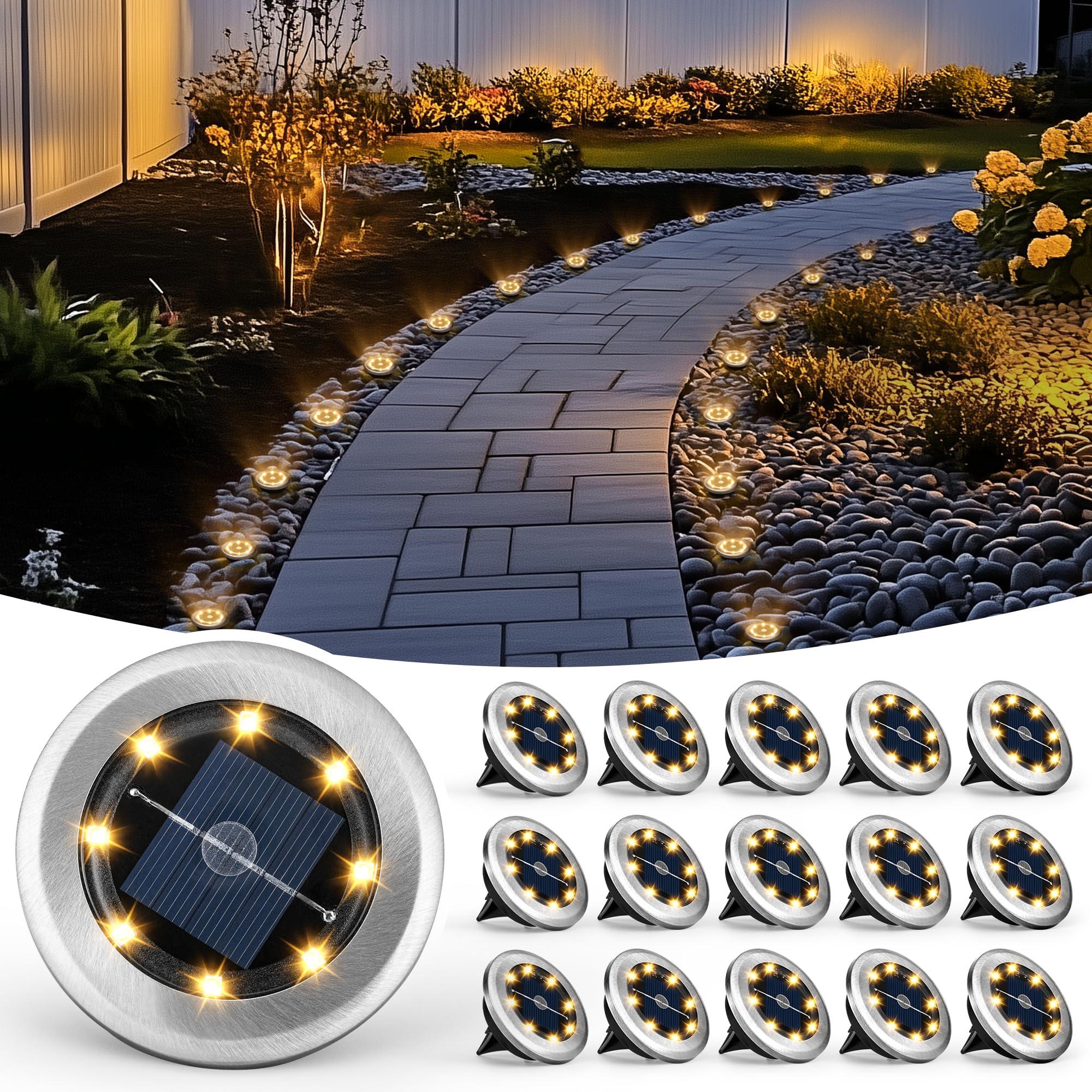 PATIOWIN Mini luces solares de suelo, paquete de 16 luces solares de jardín, luces solares de camino a prueba de guerra, luces de exterior para entrada, pasarela, patio trasero, patio (blanco cálido)
