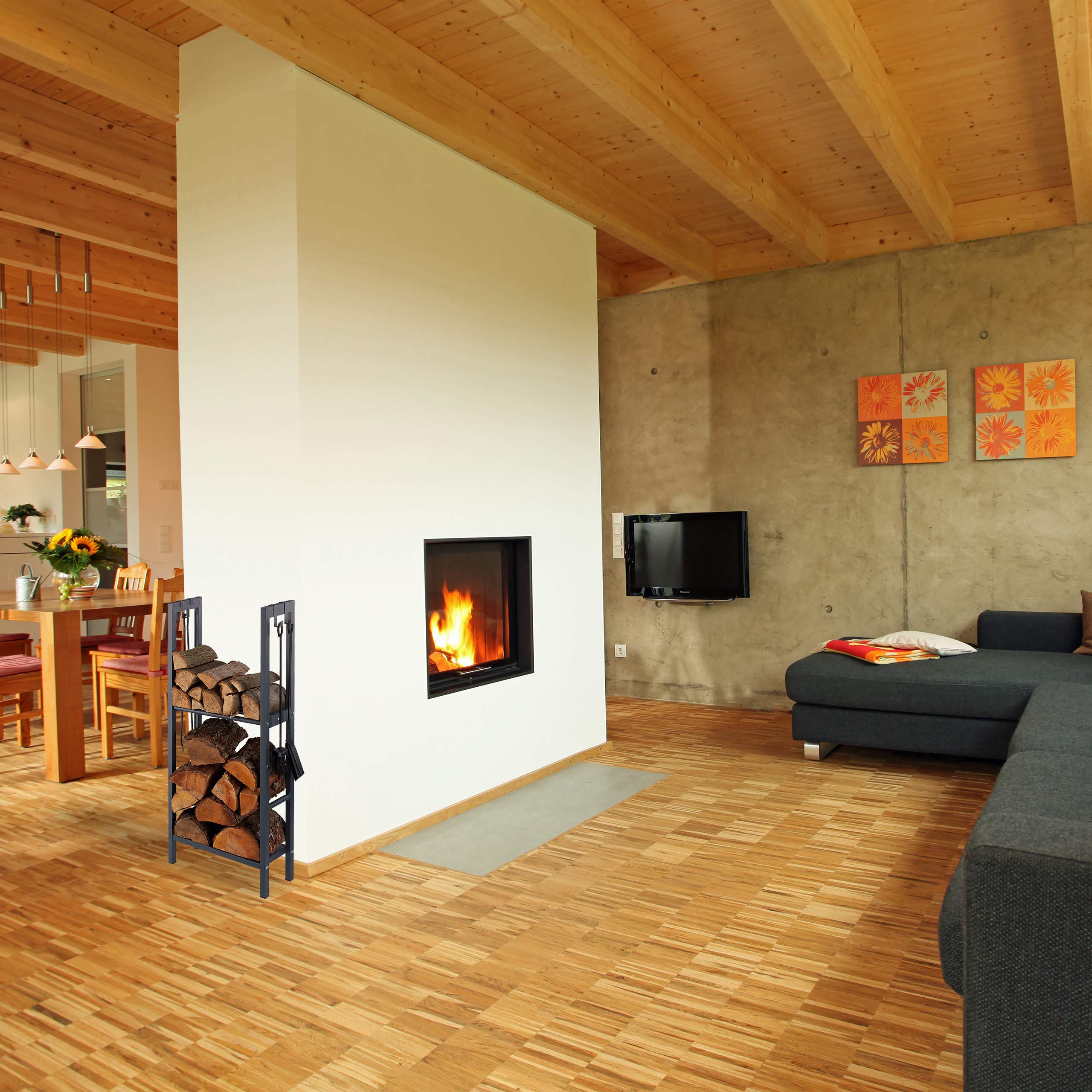 Relaxdays, antracytowy regał na drewno kominkowe z 2 półkami, ze stali, 4 haczyki na sztućce kominkowe, regał na drewno opałowe, wys. x szer. x gł.: 100 x 40 x 30 cm, 100 x 40 x 30 cm