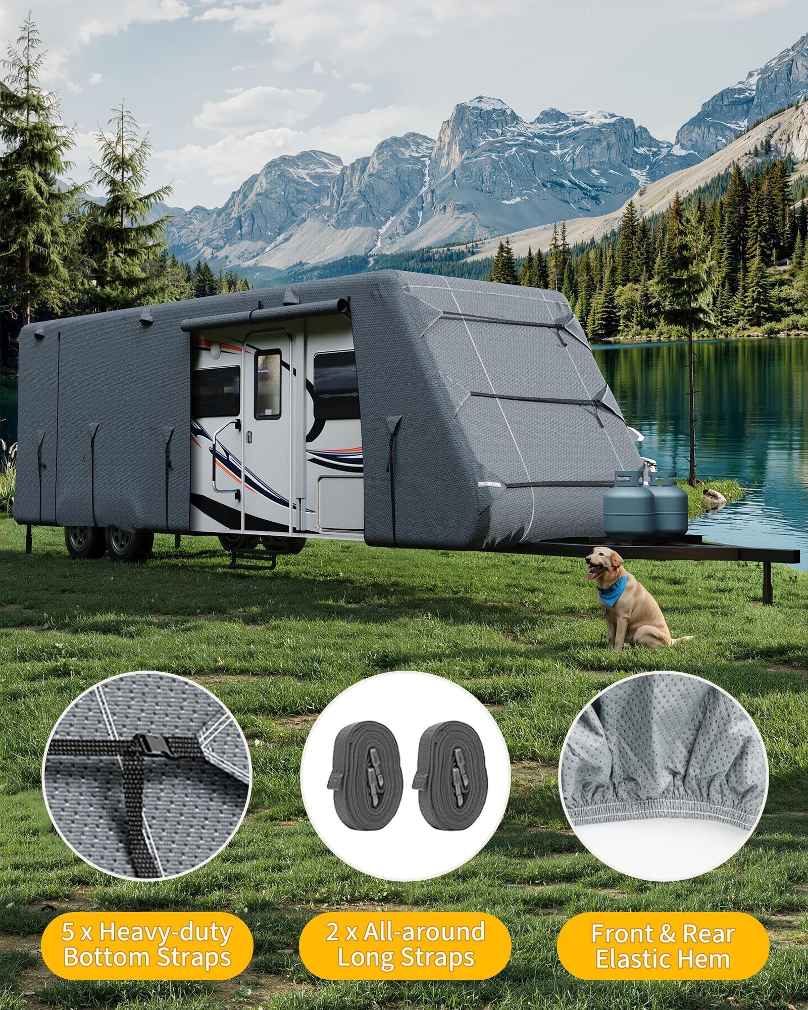 Abdeckplane Wohnwagen 4,6-5,5 m – 7-Lagen-Schutzhülle für Wohnwagen & Reisemobil – Wasserdicht, Winddicht, UV-beständig, mit Hagelschutz – Atmungsaktiv inkl. Sturmgurte, Reifenabdeckungen