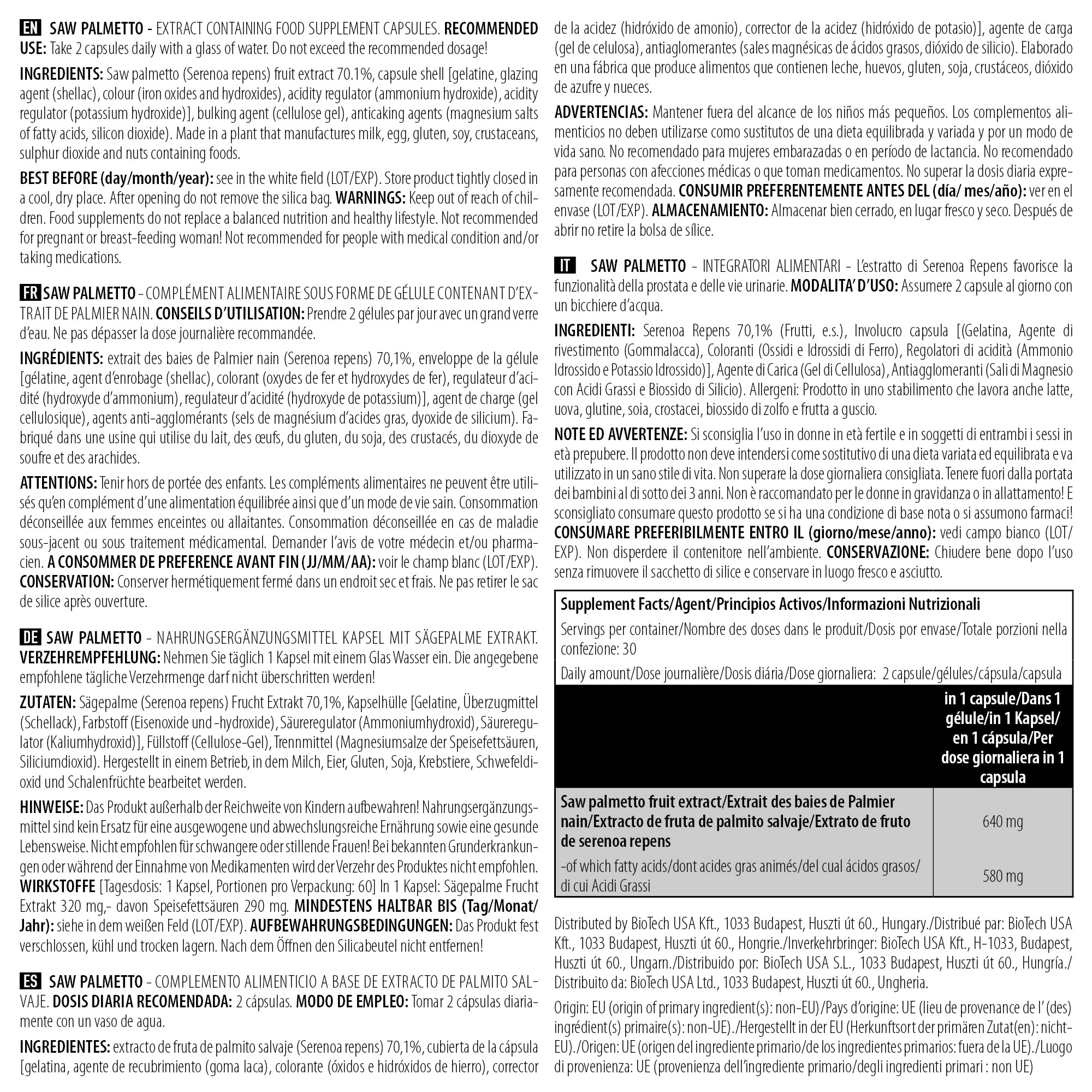 BioTechUSA Saw Palmetto | Extrait naturel de plante | pour le soutien hormonal | avec 640mg d'extrait de fruit | 60 méga gélules