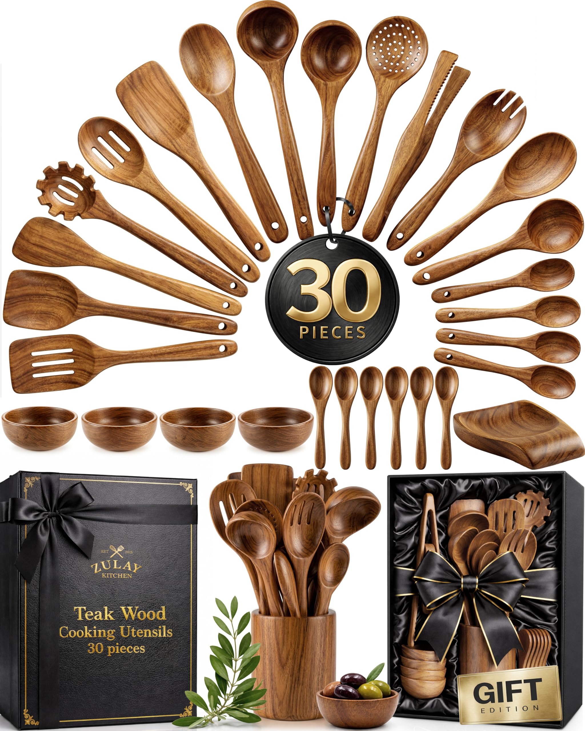 Zulay Kitchen 30 utensili in legno di teak per cucinare, set di utensili in teak naturale con confezione regalo di alta qualità, cucchiai in legno antiaderenti per cucinare, set regalo da cucina, set