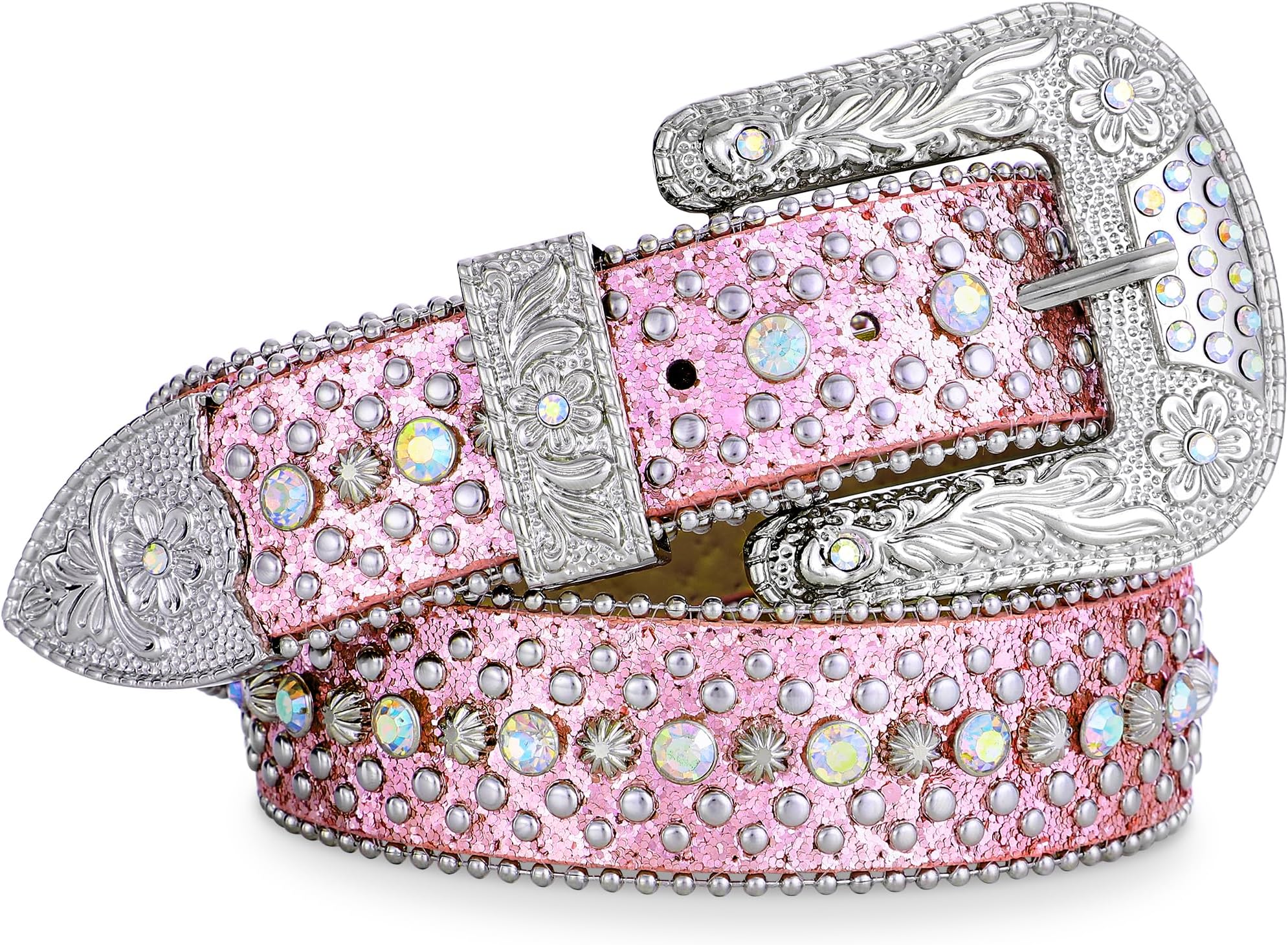 FIORETTO Men Women Rhinestone Belt Bling Western Studded Leather Belt Shining Diamond Waist Belt for Cowgirl Cowboy Jeans