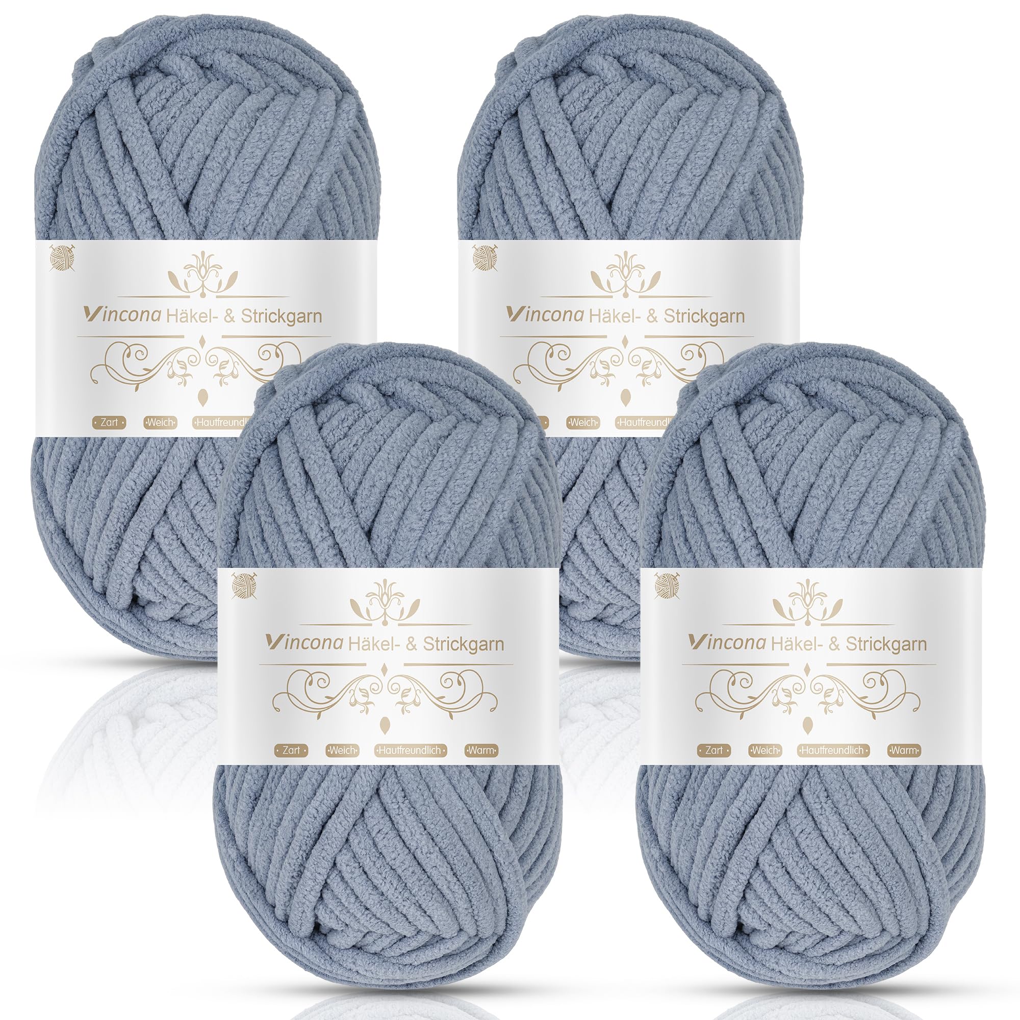 Vincona Chunky Yarn 4 x 100g Multi-Colored Soft Chunky Wool for Hand Knitting, Thick Yarn for Knitting 100g Balls, Soft Fluffy Velvet Thick Knitting Yarn for Crochet Blankets, Amigurumi Light Gray