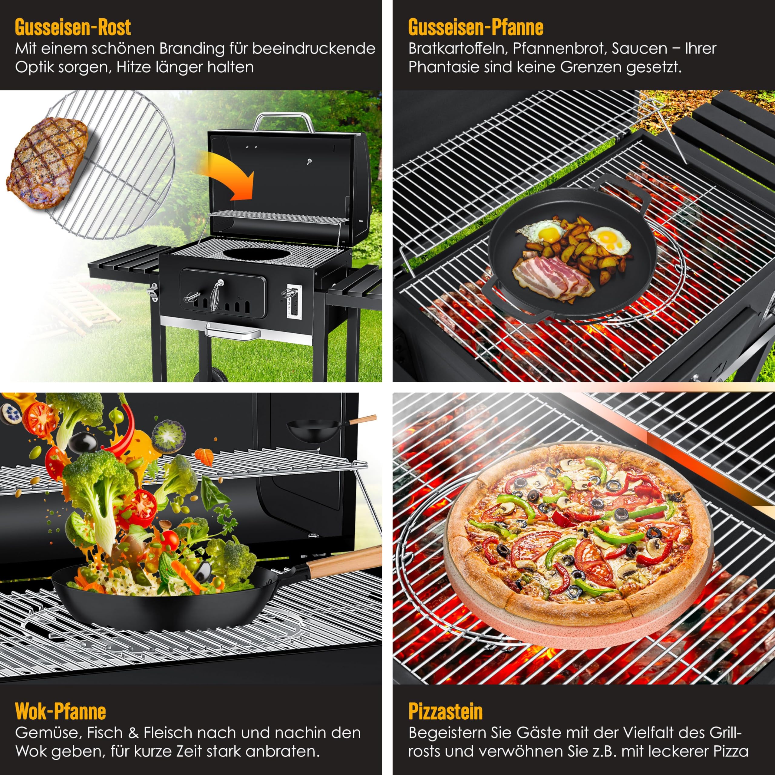 KESSER® Parilla de Carbón con Carrito Grill con Tapa, Ruedas, Mango de Acero Inoxidable | Barbacoa y Termómetro Carbón Grande BBQ Asador Camping, Terraza, Jardín XXL Negro