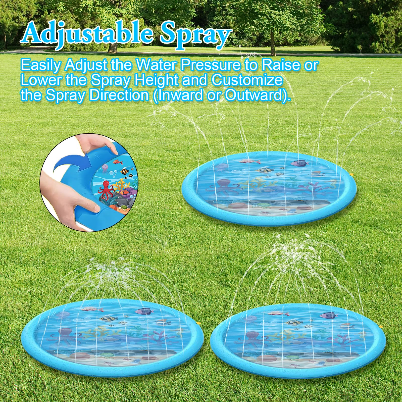 Tappetino Gioco d'Acqua, 170CM Splash Pad per Bambini Cani, Antiscivolo Tappetino Gioco Acqua, Tappetino Spruzzi d’Acqua per Giardino Estate Outdoor