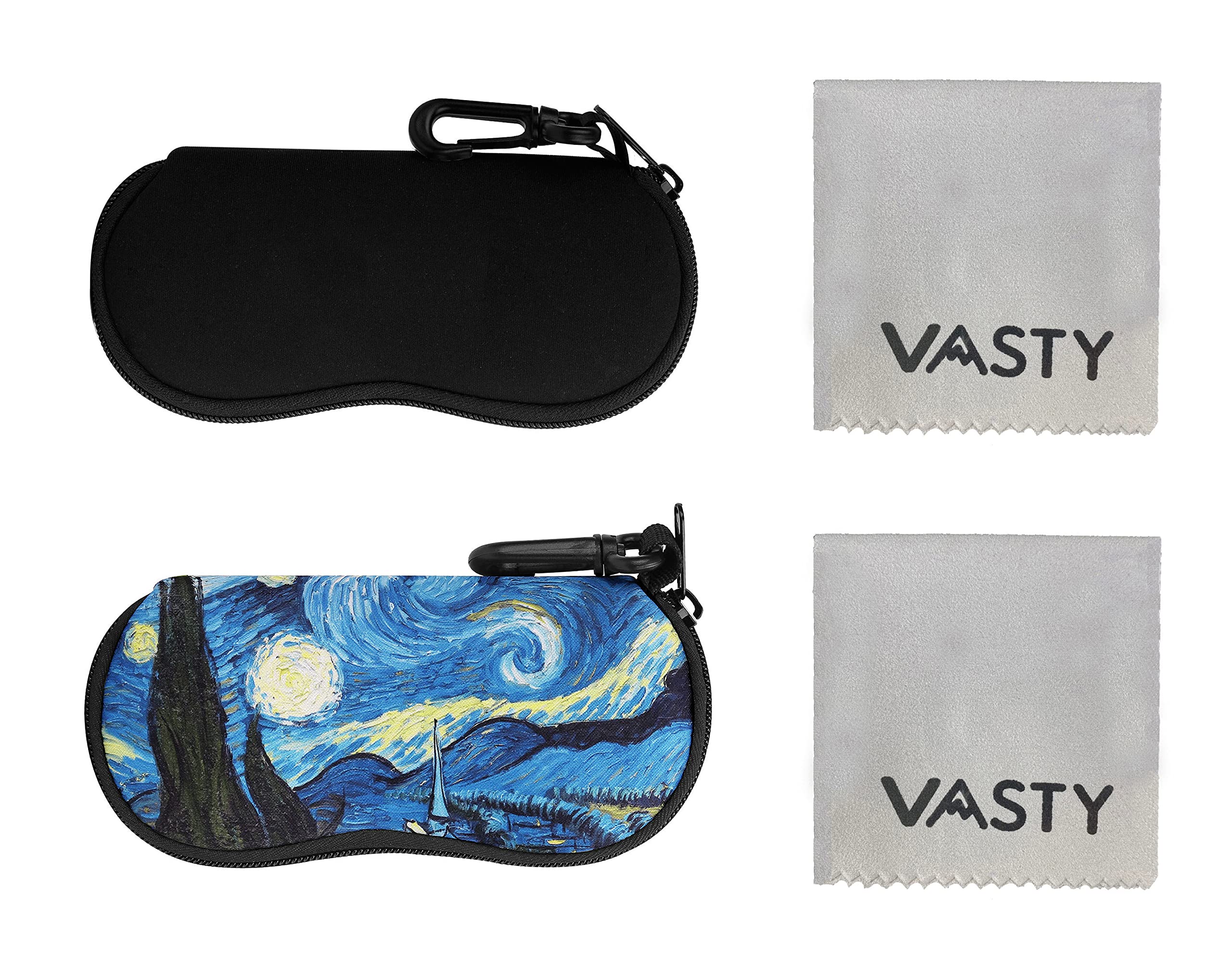 VASTY Soft Eyeglasses Case 2 Pack Sunglasses Bag with Cleaning Cloth Glasses Pouch Holder with Clip Travel Portable Neoprene