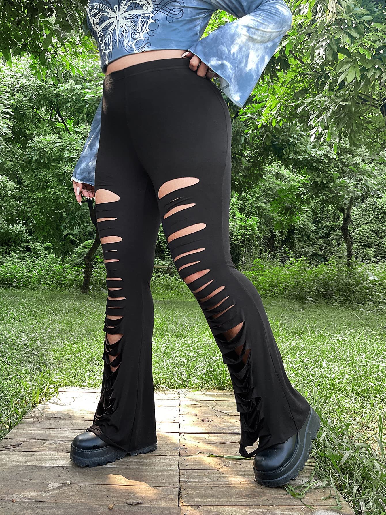 AntaQuyaN Plus Size Pants Women Plus Cut Out Flare Leg Pants Plus Size Pants Women Color Black Size