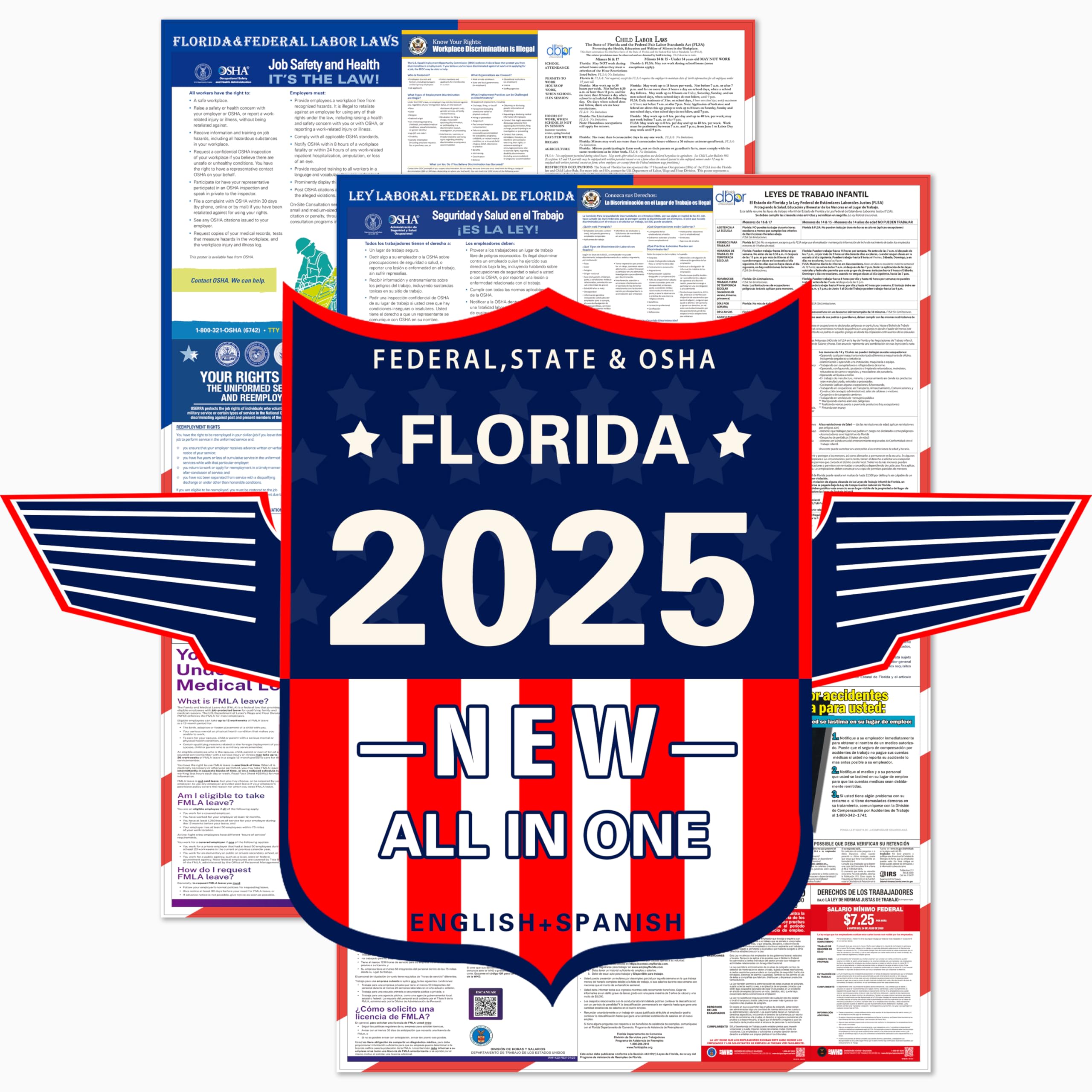 ZLODEPIP 2025 Florida State and Federal Labor Laws Poster - OSHA Compliant Laminated 24" x 36" English and Spanish Bundle 2 Pack Folded