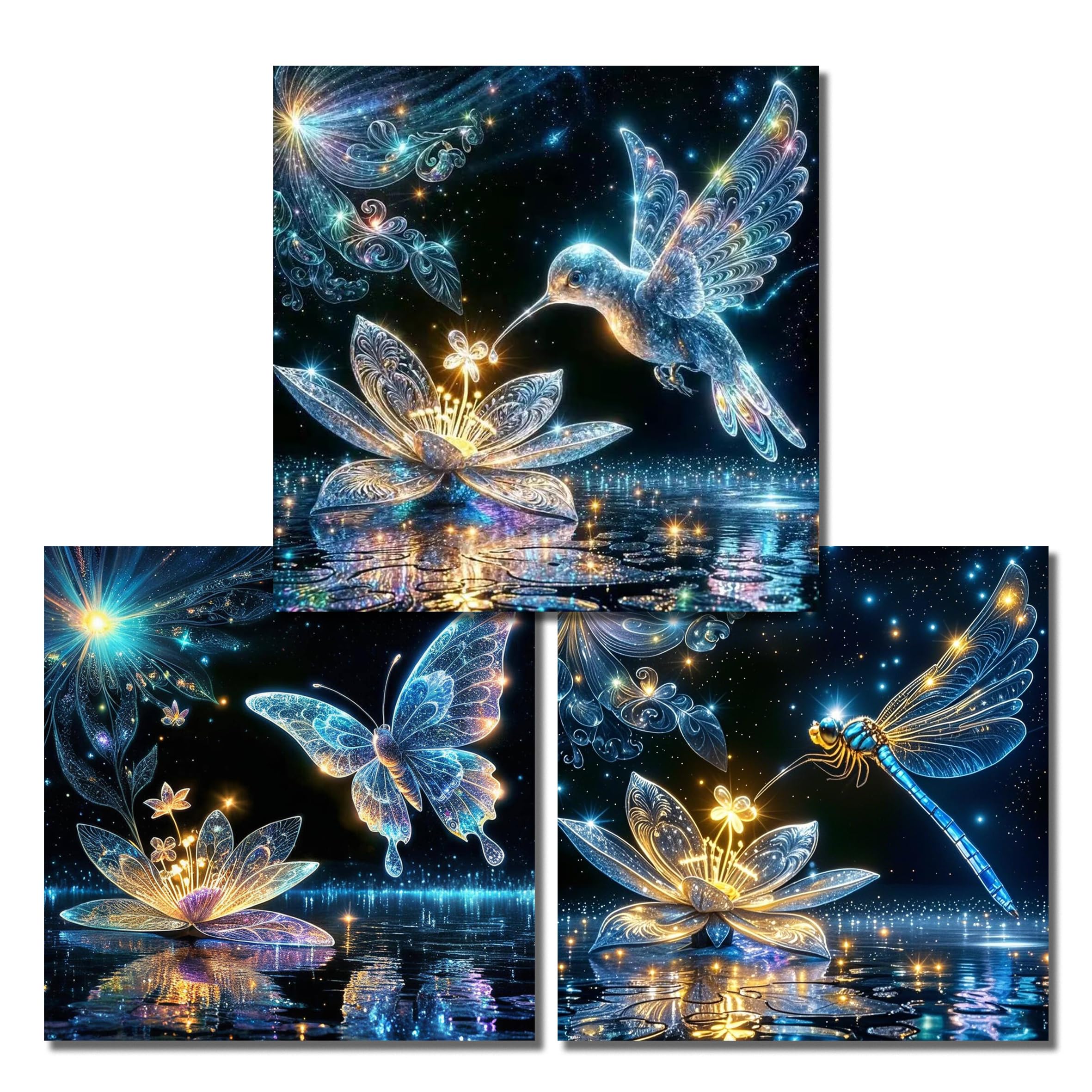 Jakener Diamond Painting-3Pack-5 3 Pack Insect Diamond Art Kits For Adults Beginners,Butterfly Dragonfly Hummingbird Diamond Painting Kits For Adults,5D Full Drill Diy Diamond Dot Gem Art Kit Wall Home Decor Arts Craft 12X12 Inch