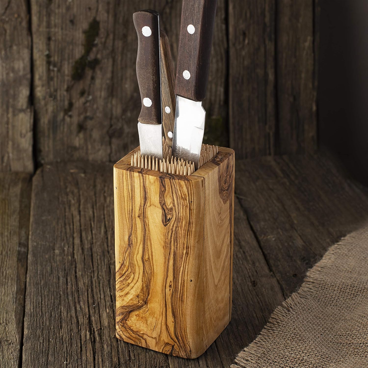 Forest Decor Olive Wood Knife Block - Wooden Knife Holder - Wood Knife Blocks & Storage - Knife Block Organizer & Holder for Large & Small Knives - Space Saver Knives Storage for Kitchen Counter